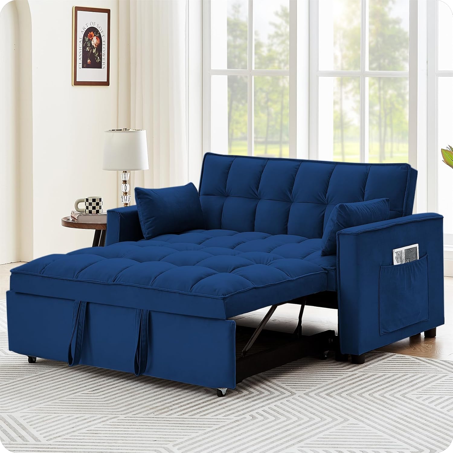 Convertible Sleeper Sofa Bed, 3 in 1 Modern Velvet Loveseat Futon Sofa Couch with Pullout Bed, Reclining Backrest Toss Pillows, Pockets for Living Room (Blue)