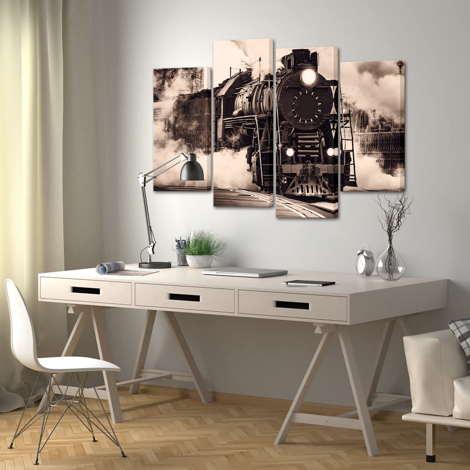 Nachic Wall Old Train Picture Canvas Art Retro Sepia Brown Steam Train Poster Painting on Canvas Vintage Vehicle Poster for Home Office Living Room Decorations