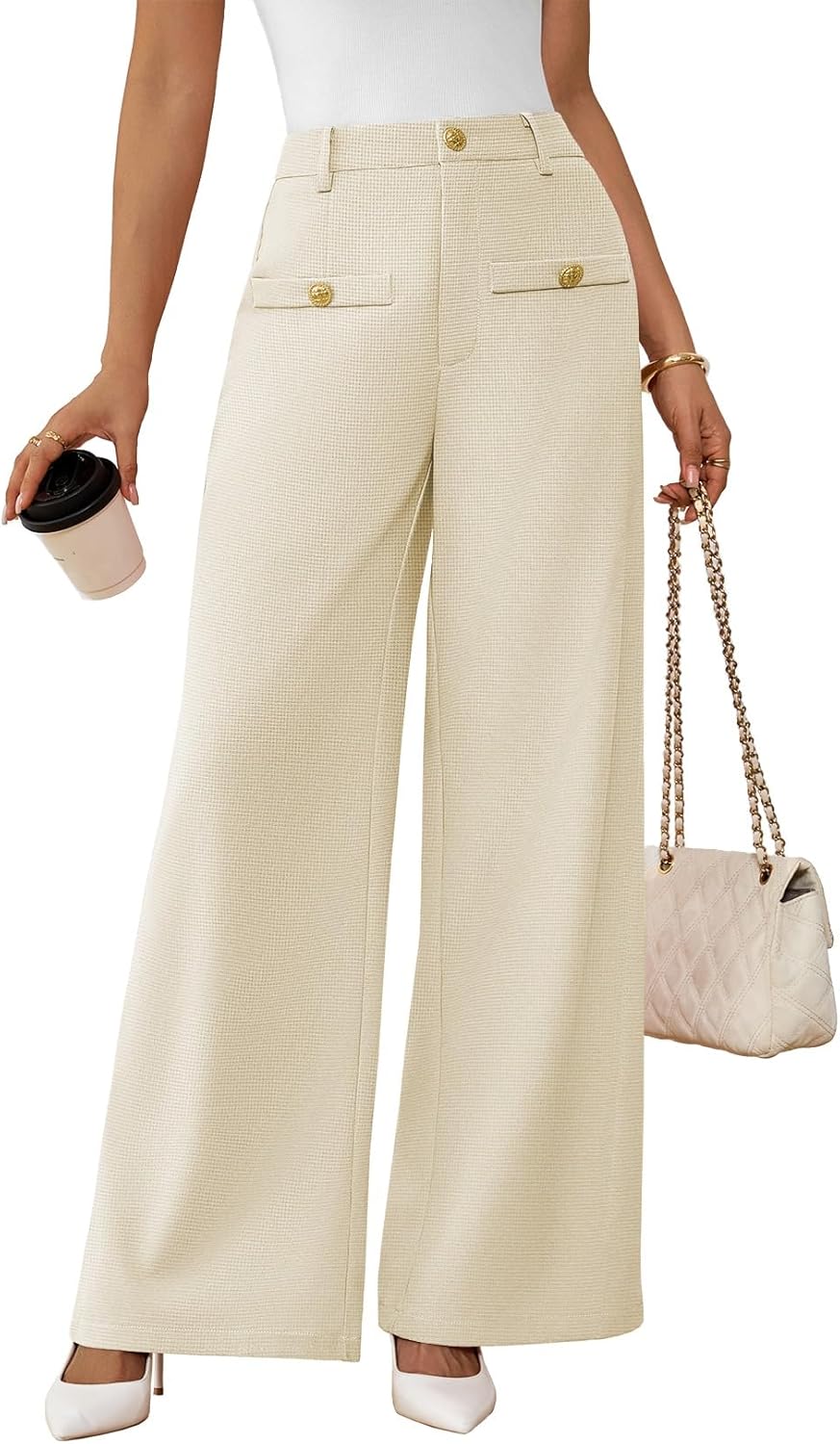 Pink Queen Wide Leg Dress Pants for Womens High Waist Pants for Work Button Decor Textured Long Trousers Slacks