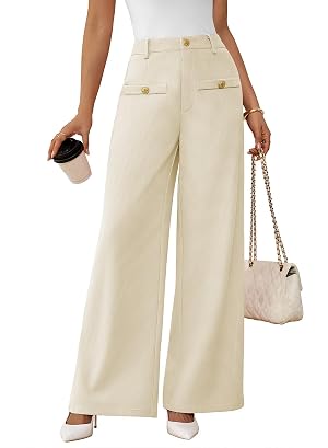 Pink Queen Wide Leg Dress Pants for Womens High Waist Pants for Work Button Decor Textured Long Trousers