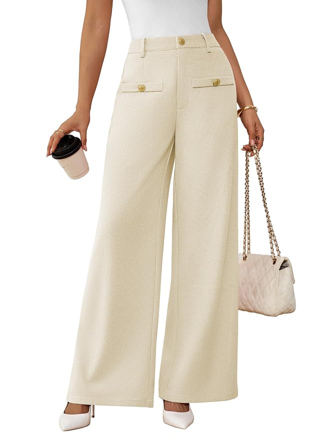 Pink Queen Wide Leg Dress Pants for Womens High Waist Pants for Work Button Decor Textured Long Trousers