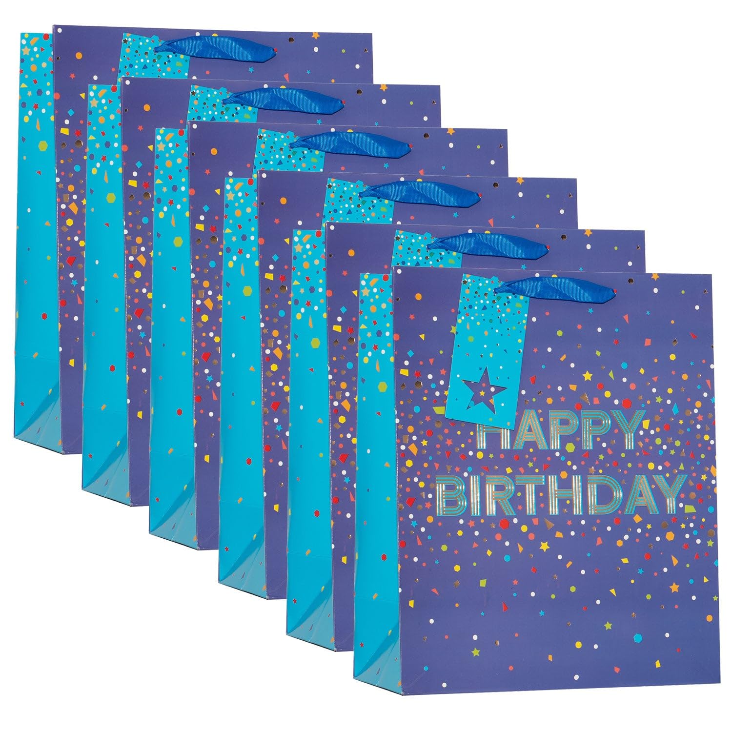 Design By Violet Blue Happy Birthday Confetti Large Gift Bag – Set of 6 Decorative Paper Birthday Gift Bags for Men’s Birthday, Boys Birthday and Male Birthday Parties
