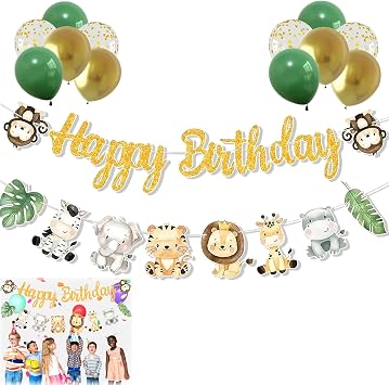 2 PCS Safari Birthday Decorations, Jungle Theme Party Decorations, Jungle Birthday Party Decoration, Happy Birthday Banner with Safari Jungle Animal Banner, for Festival Parties