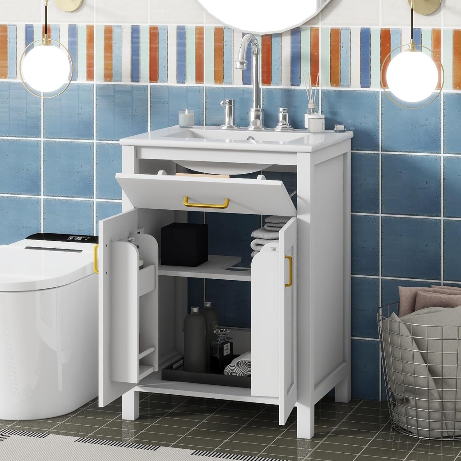 24" Bathroom Vanity Combo with Ceramic Sink, Luxurious Space-Saving Vanity - W24*D18*H34 inch, 2 Soft-Close Doors