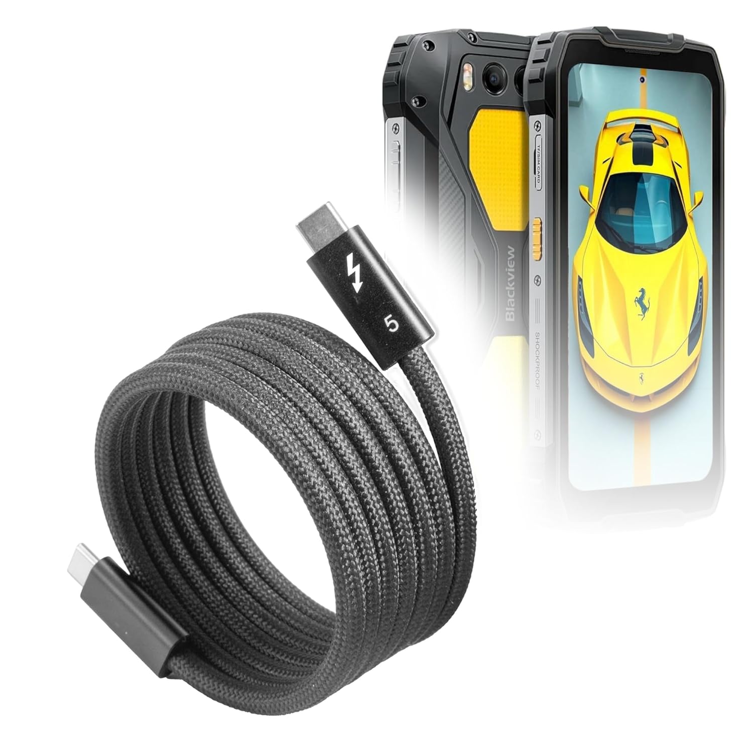 BoxWave Cable Compatible with Blackview BV7300 - SnapWrap Thunderbolt 5.0 Cable (5ft 240W), Magnetic Self-Coiling Nylon Braided Retractable - Jet Black