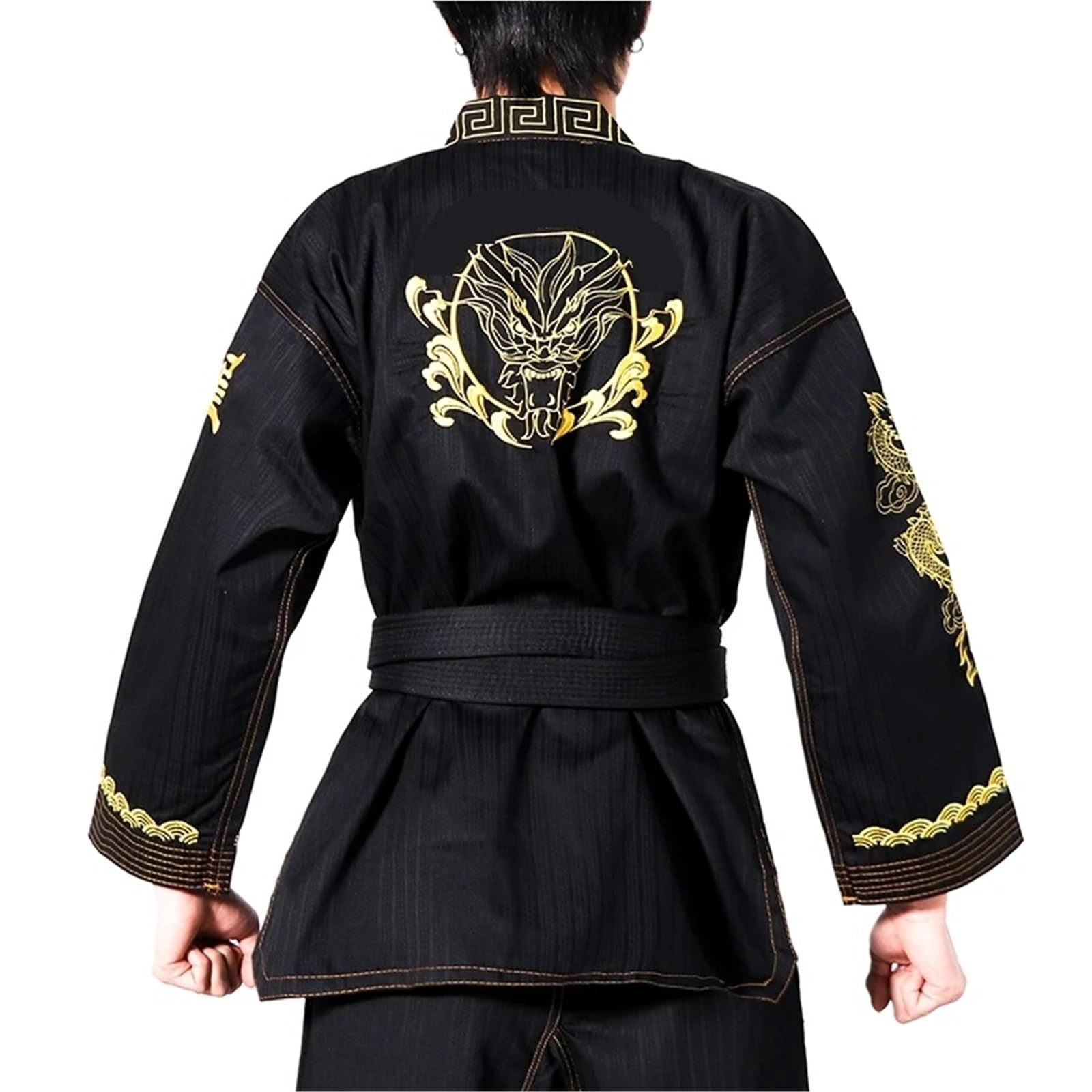 Uniformes de Karaté Taekwondo Noir, Costume Arts Martiaux Motif Dragon Brodé L-160CM