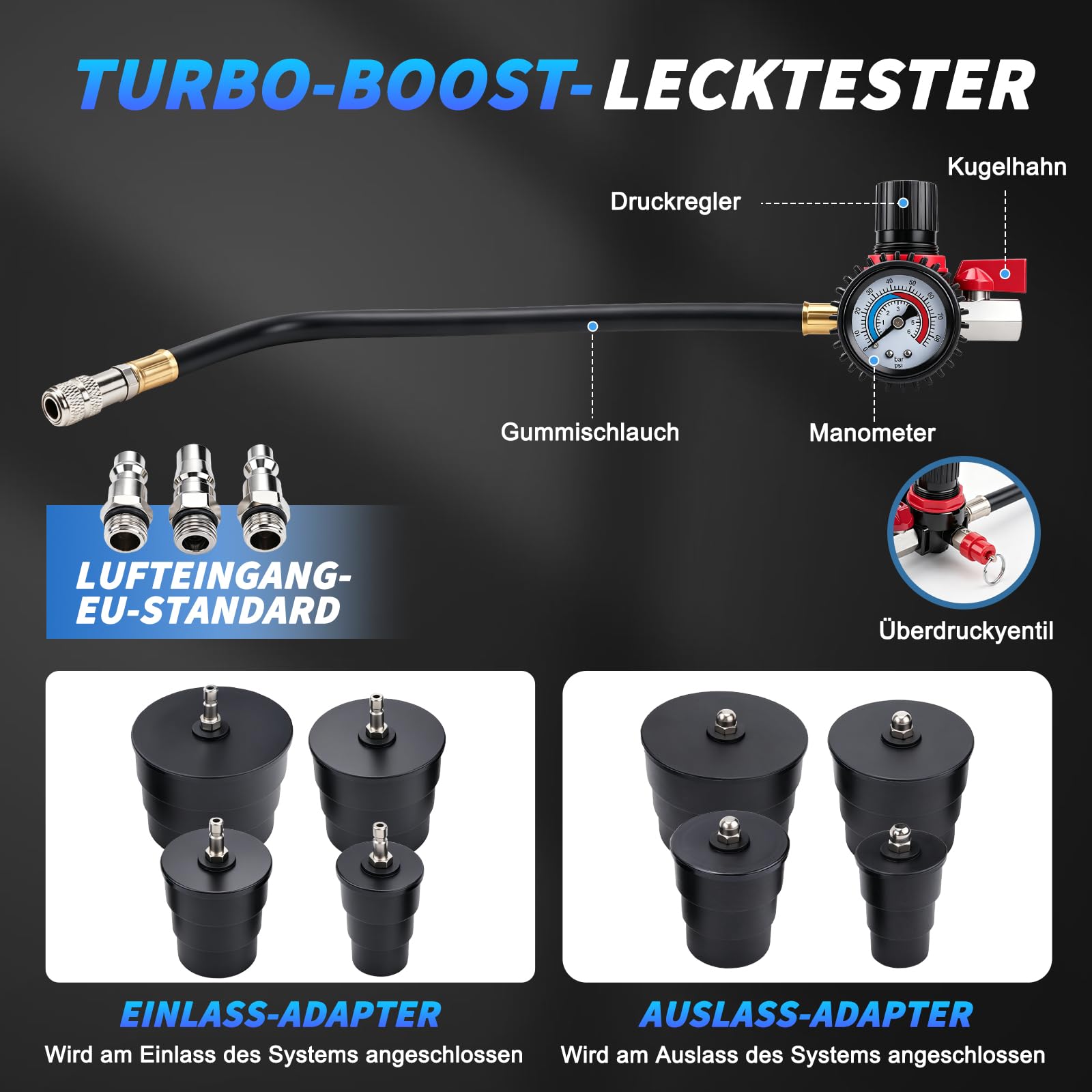 Turbolader Test Set 9 Stück Turbolader Ladeluft System Adaptersatz, Abdrücksatz für Ladeluftkühler, Prüfwerkzeuge für Ladeluftschläuche, Abgasturbolader und Kompressorsysteme