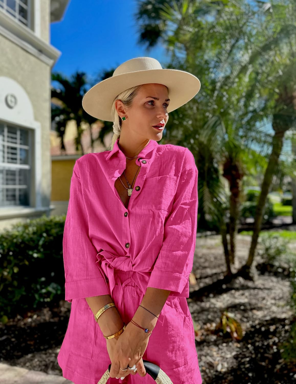 Beyove Women's Cotton Linen Set Casual Tracksuit Button Down 3/4 Sleeve Shirt Drawstring Shorts Pockets 2 Piece Lounge Set - Image 2