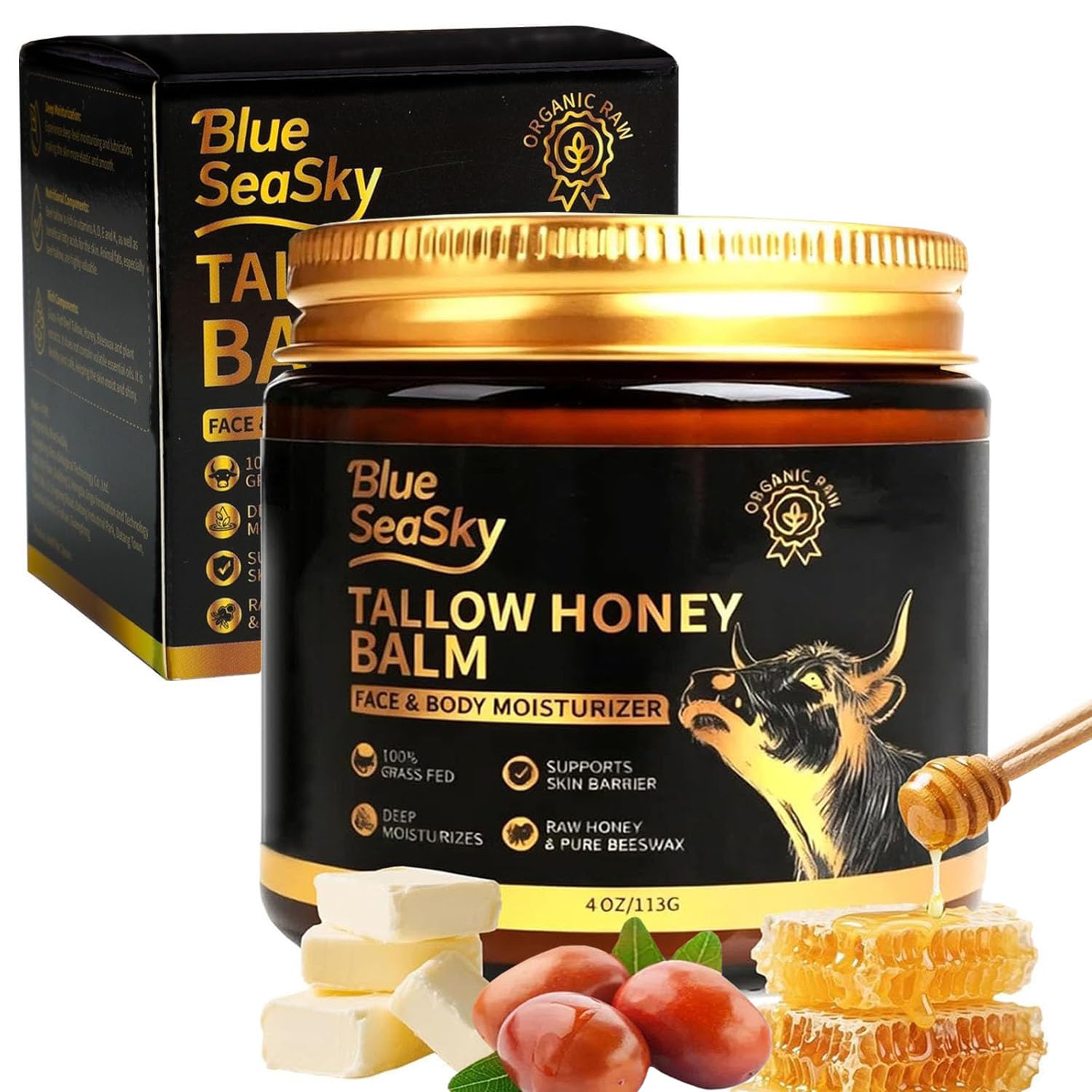 Organic Beef Tallow for Skin Grass-Fed Tallow Balm with Raw Wild & Honey Tallow Moisturizer for Eczema & Rosacea,Non-Comedogenic,Beef Tallow for Face Dry Sensitive Skin,4oz-Unscented- Jojoba Oil