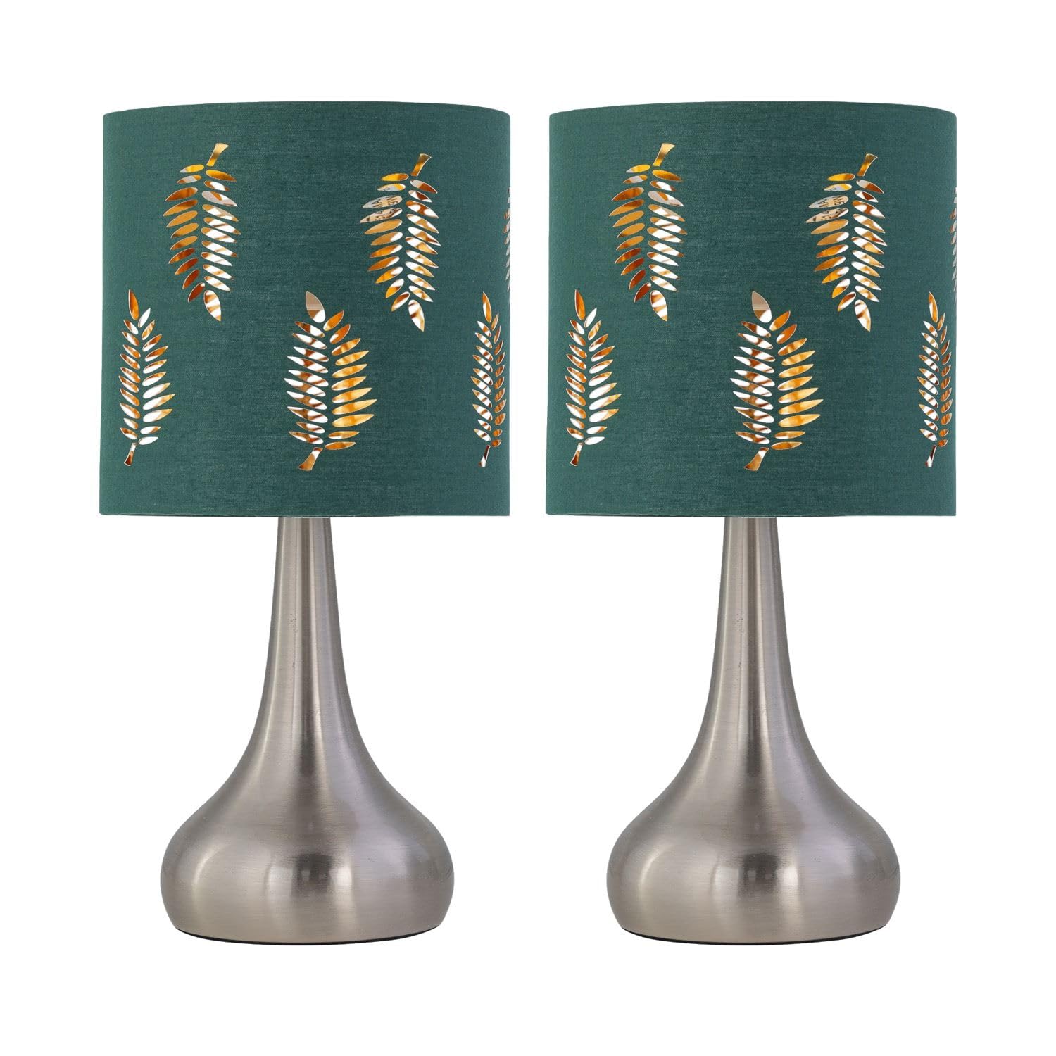 firstchoicelighting Set of 2 Brushed Chrome Touch Operated Table Lamps or Bedside Lights, Modern Design, Height 36cm, Dark Green Fern Shade, LED Compatible