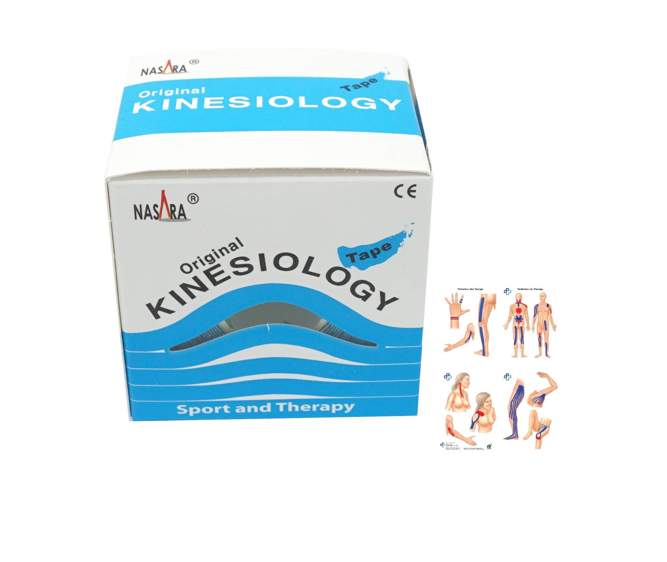 ATC Handels GmbH oryginalna taśma kinezjologiczna Nasara 5 m x 5 cm, zestaw 6 sztuk, w zestawie instrukcja z naklejkami – taśma kinezjoterapeutyczna, taśma sportowa, taśma fitness, taśmy – wodoodporna i oddychająca niebieska