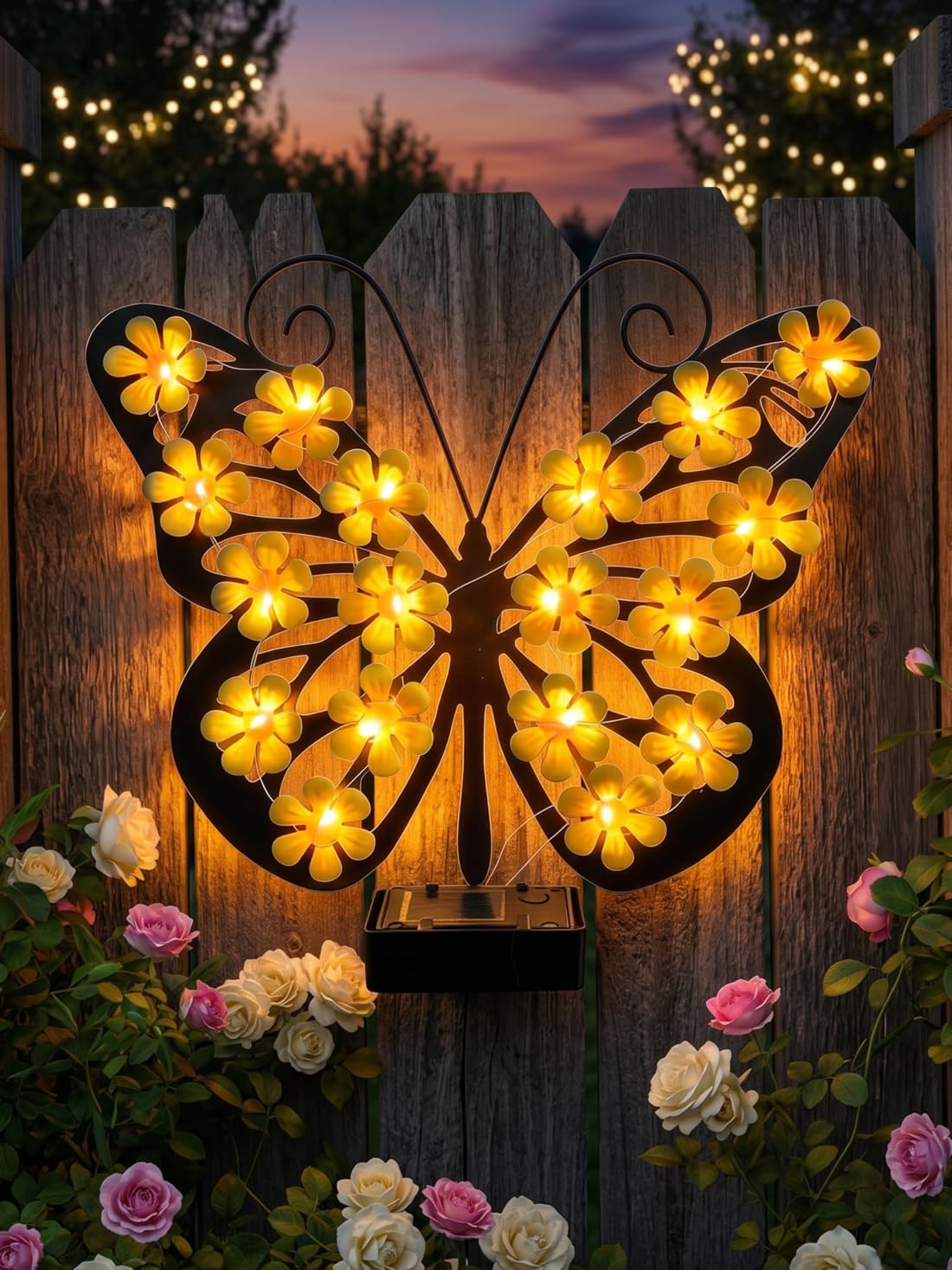 WANWEN Solar Butterfly Garden Wall Decor Light, Outdoor Metal Butterflies-Flower Illuminated Fence Lamp, Waterproof Art Decorative LED Hanging Light for Garden Fence Patio Porch Yard (1PCS)