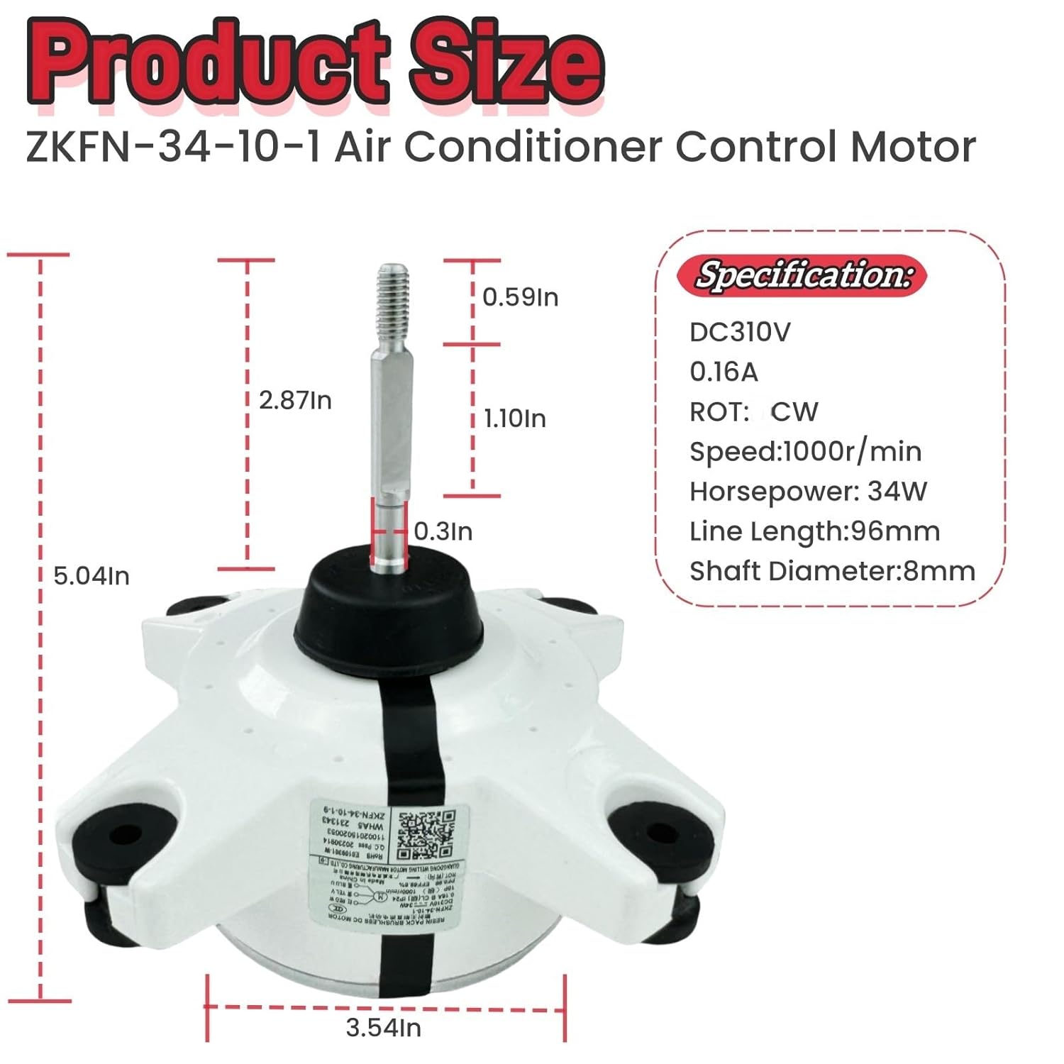 ZKFN-34-10-1 Air Conditioner Control Motor Brushless DC Motor DC310V 34W 0.16A 1000r/min,Variable Frequency air Conditioning External Fan Replacement Parts,Connector: 3-Wire,Rot:CW