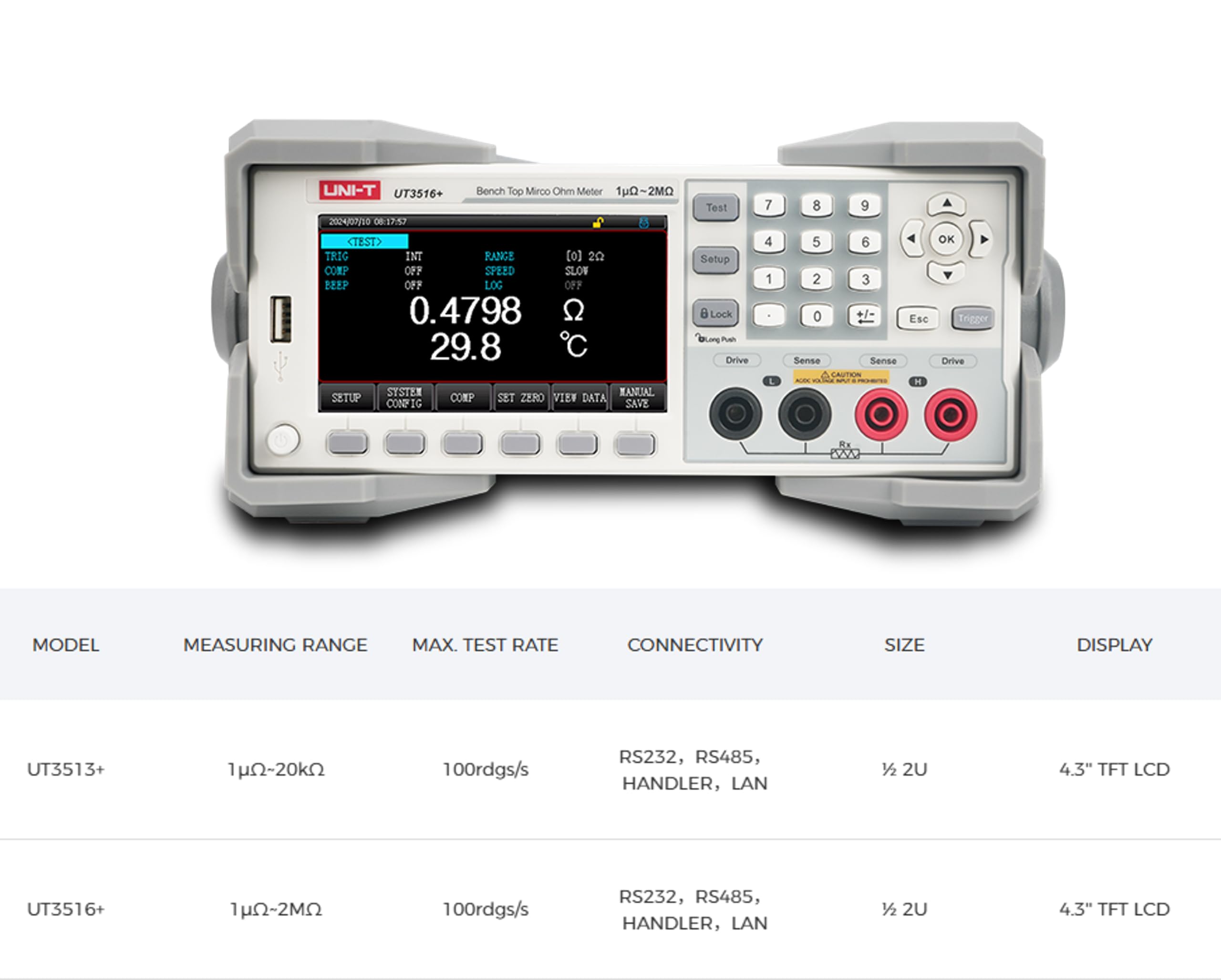 Microóhmetro de banco de alta precisión de la serie UNI-T UT3510+ – Resolución de 1μΩ, precisión del 0.05%, prueba rápida de 10 ms (UT3516+ 1 μΩ-2 MΩ)