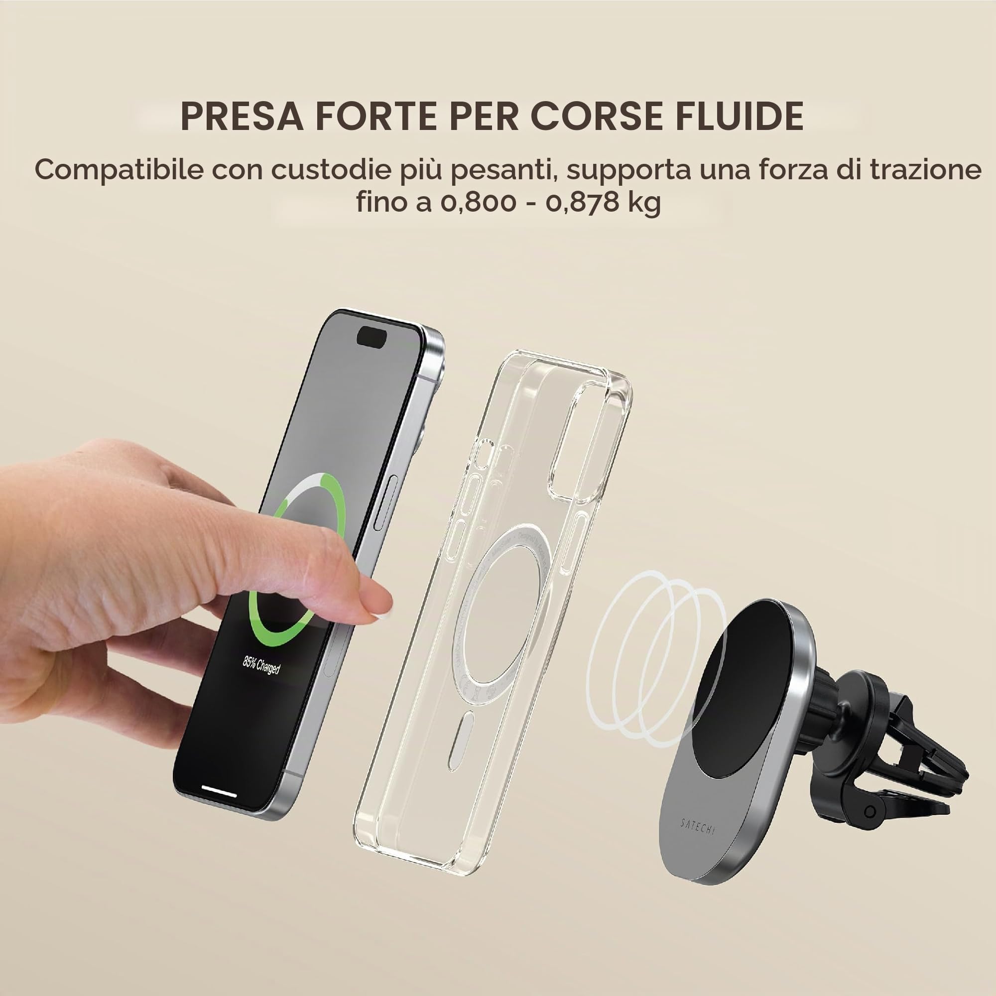 SATECHI Caricatore Wireless Qi2 per Auto, Ricarica Rapida 15W | 15W ricarica sicura, ideale per i viaggi, supporto per bocchetta, per iPhone 17 a 12