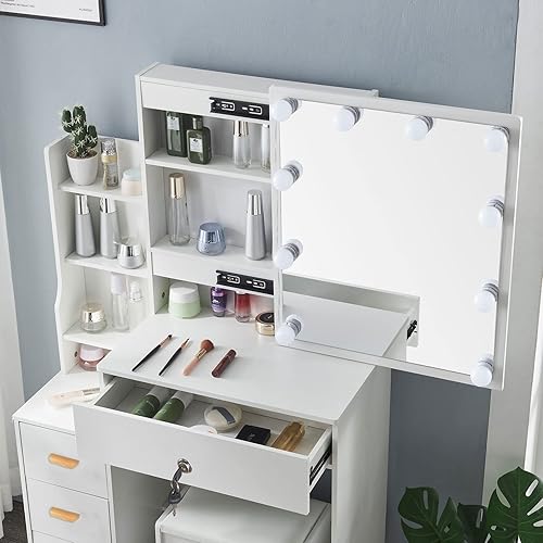 Miniatura 7 de JBLCC Mesa de tocador de maquillaje con luces y espejo deslizante, 4 cajones y estantes y taburete acolchado, mesa de tocador con estantes de