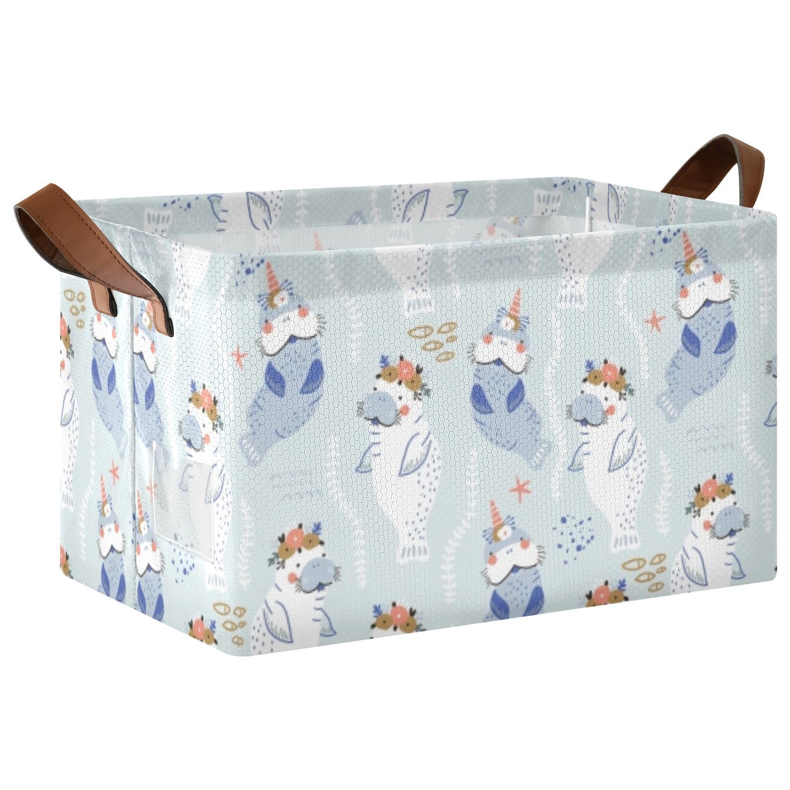 Blue White Manatees with Flowers Unicorn Horns 1PC Rectangle Foldable Frame Basket Leather Handles Storage Bin for Laundry Bathroom Organizer M 16.9 x 11.4 x 10 inch