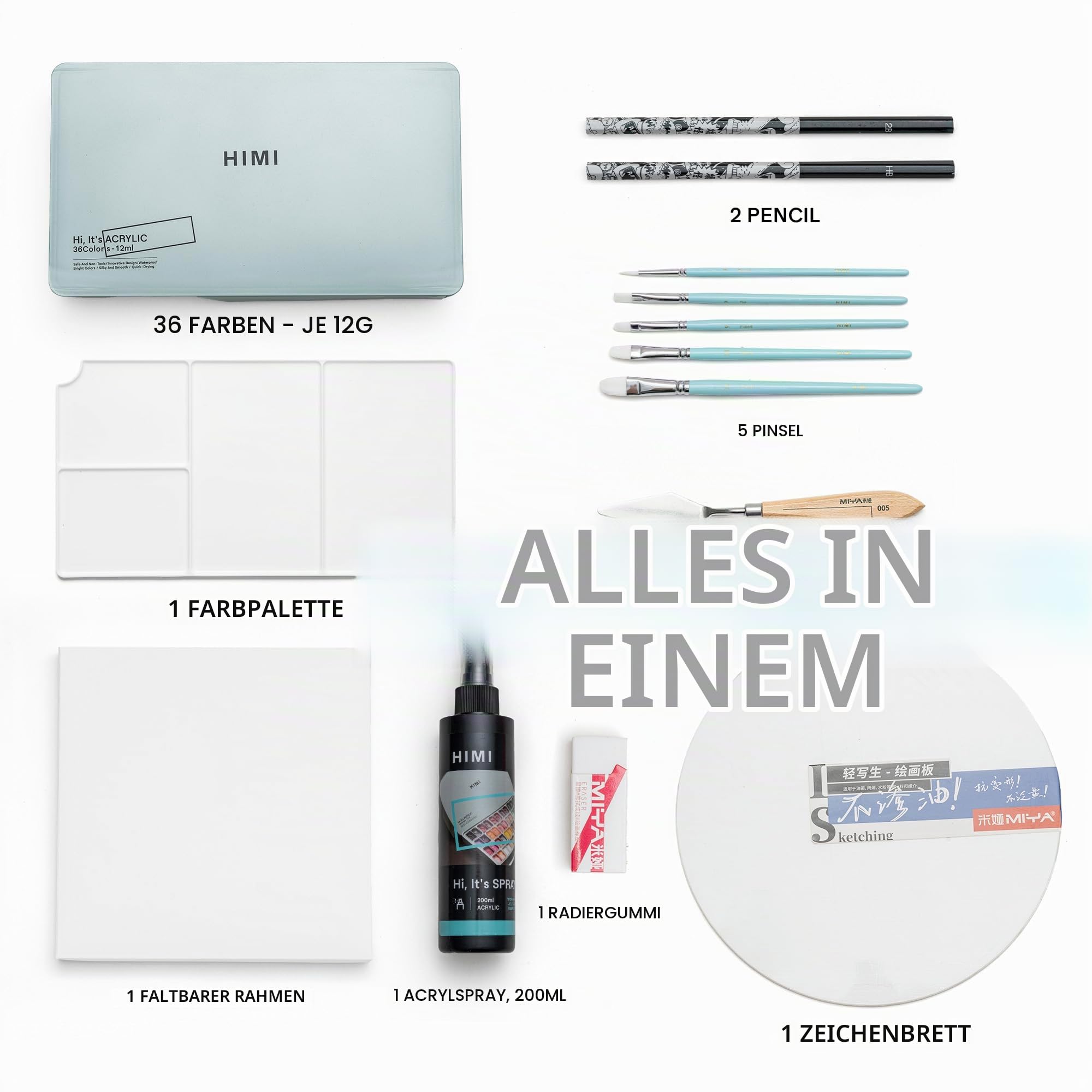 HIMI Deluxe 36 Farben Twin Cup Jelly Acrylfarben Set – Komplettes Kunstset mit Block, Sprühflasche, Palette, Pinseln, Malmesser und klappbarem Rahmen für Anfänger, Studenten und Künstler