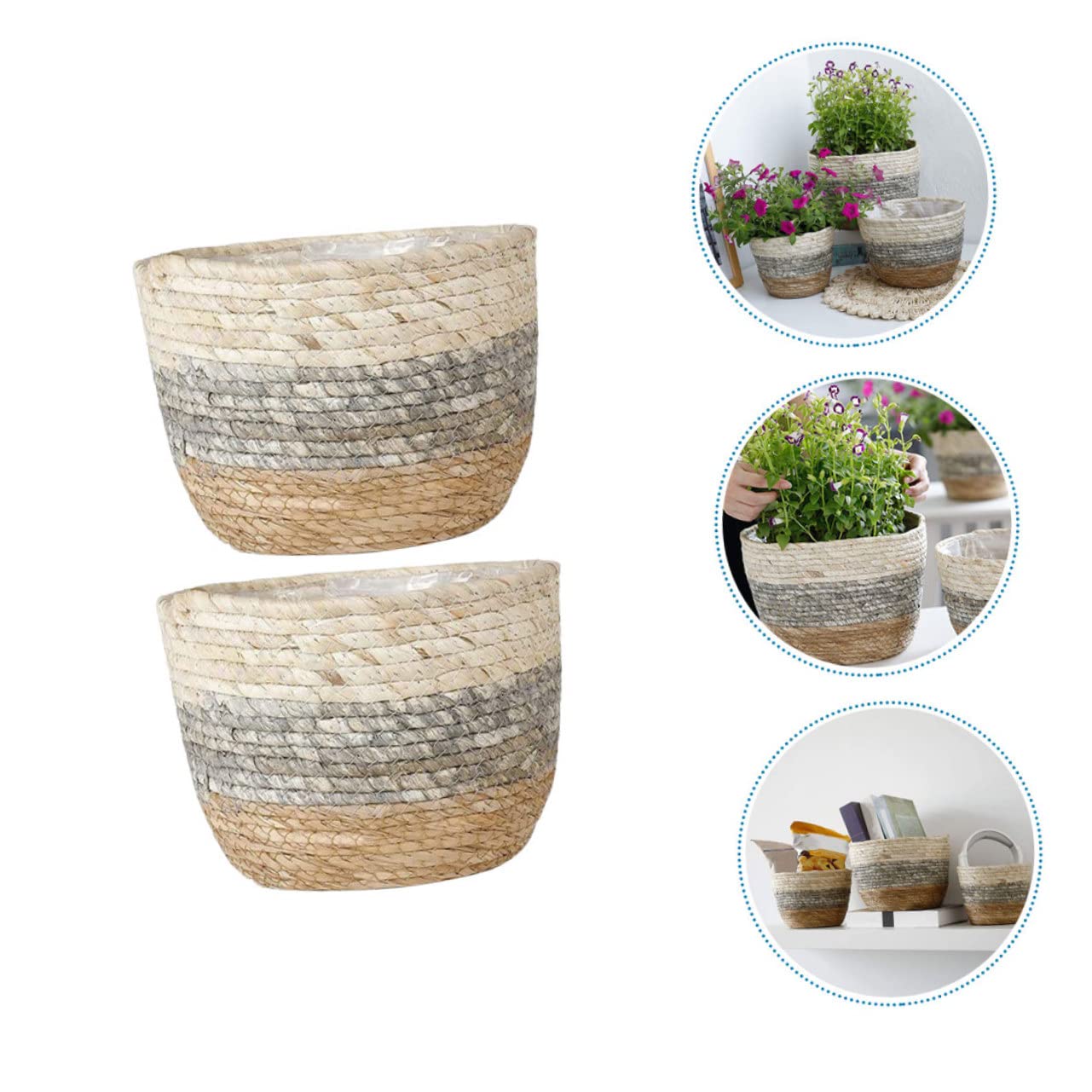 BESPORTBLE Lot De 2 Paniers en Rotin pour Plantes Paniers À Fleurs Tissés Paniers en Paille Jonc De Mer Faciles À Nettoyer pour La Décoration De Jardin