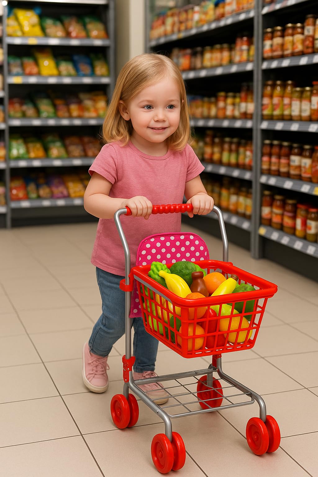 Shop 'N' Go Toy Shopping Cart for Kids and Toddler - Includes Food - Folds for Easy Storage - with Sturdy Metal Frame Pretend Play Food Role Play, Educational Toy (Doll Not Included)