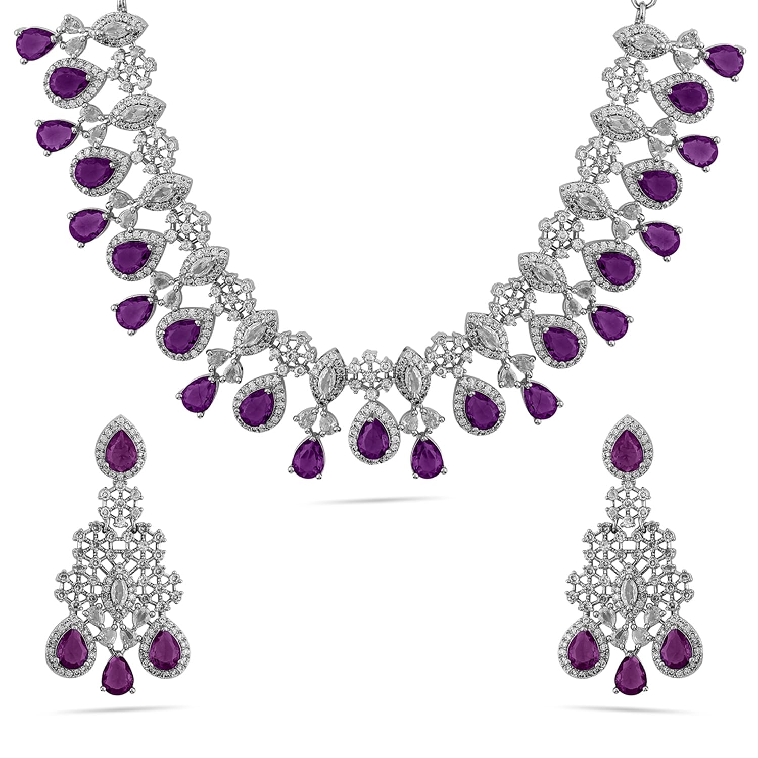 Rhodium Plated Cubic Zirconia Studded Necklace Set For Women and Girls – Perfect for Weddings and Special Occasions