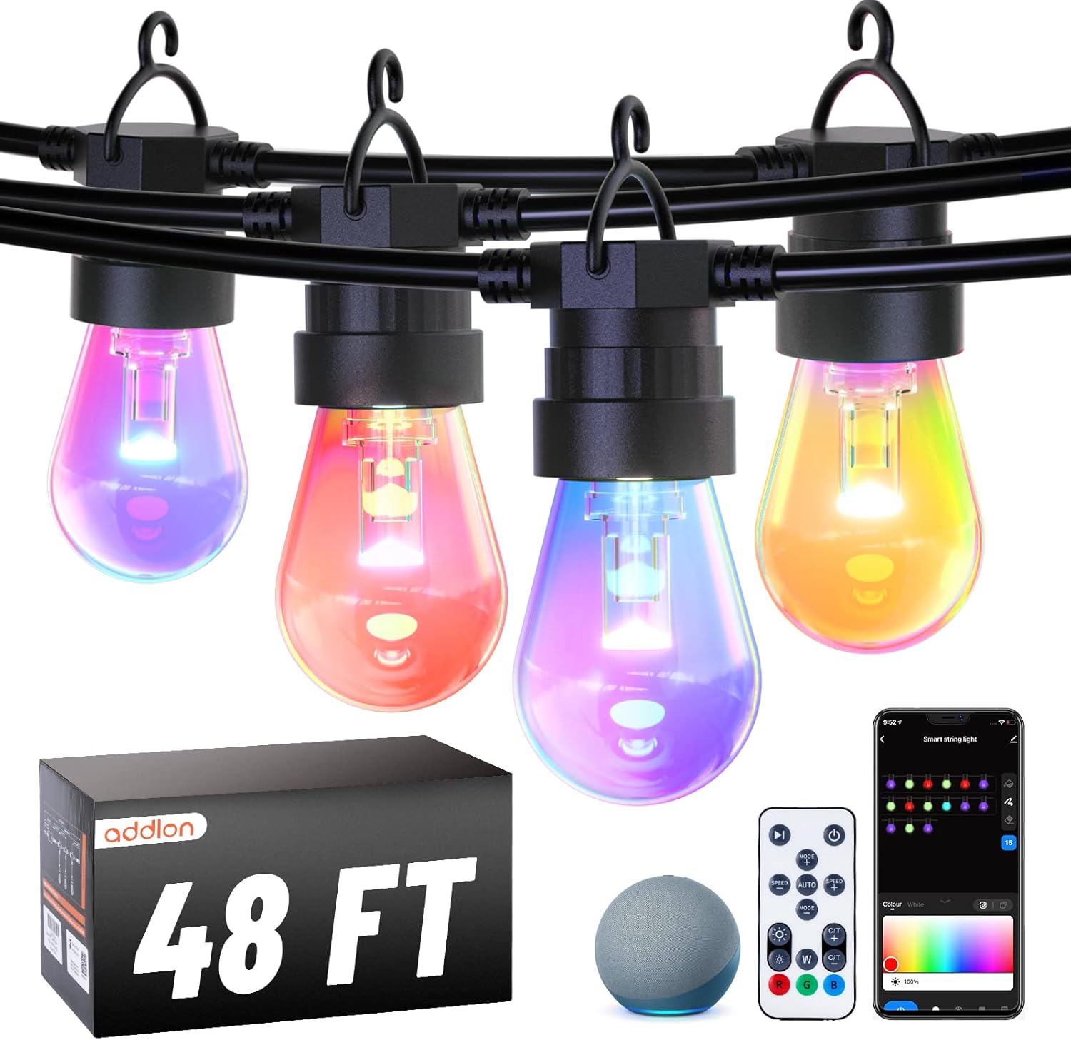 addlon 48FT RGBW Smart Outdoor String Lights with Remote & APP Control