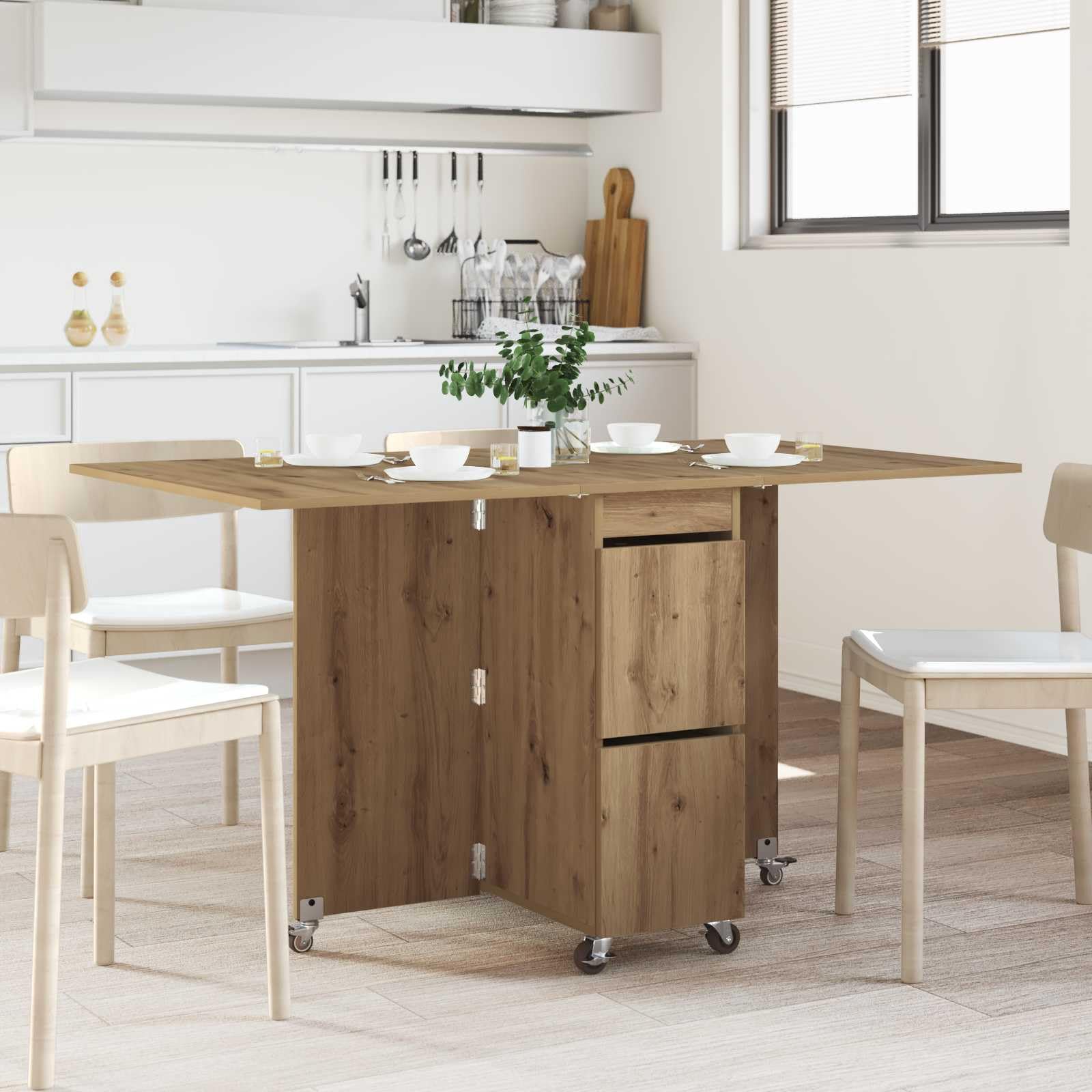 Tavolo da Pranzo Estensibile 140x80x77 cm in Legno Ingegnerizzato | Salvaspazio pieghevole per cucina e soggiorno con vano contenitore interno per riporre accessori ordinatamente.
