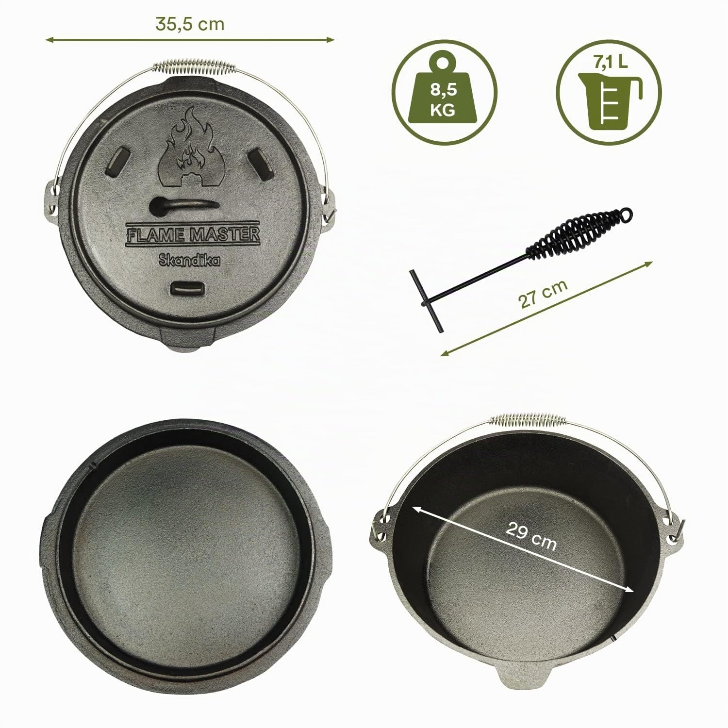 Skandika Dutch Oven Flame Master 7,1 L | Gusseisen Topf zum Kochen, inkl. Rezeptbuch der Sauerländer BBCrew, bereits eingebrannt, mit Füße, Deckelheber, Tragetasche | Feuertopf für Grillen, Camping