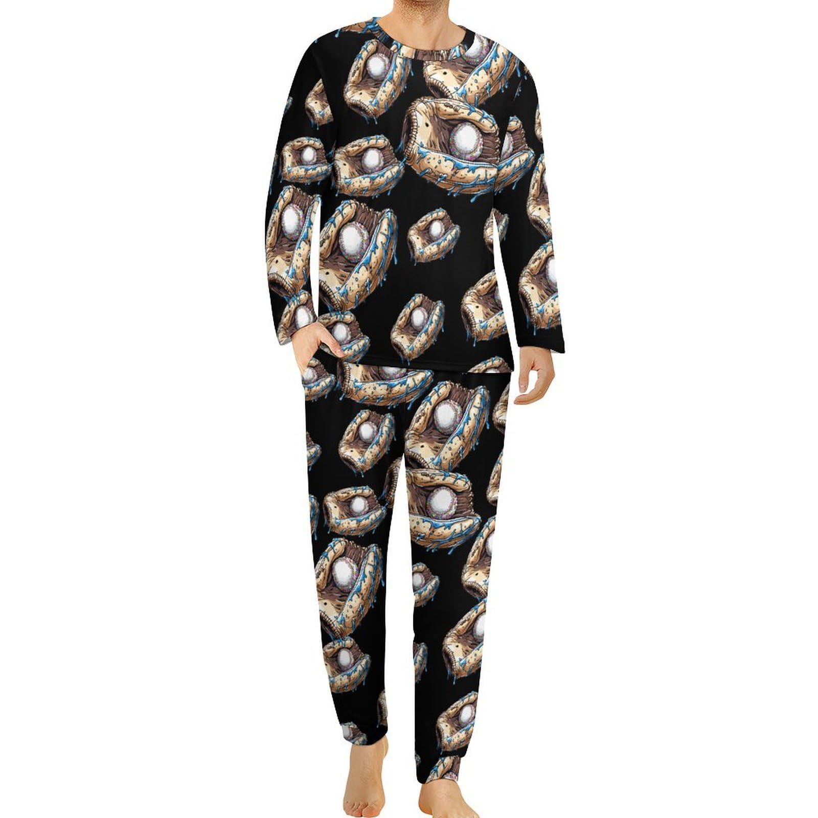 Conjunto de pijama para hombre con guantes de béisbol, cuello redondo, 2 piezas, manga larga, suave parte superior e inferior, transpirable para todas las estaciones