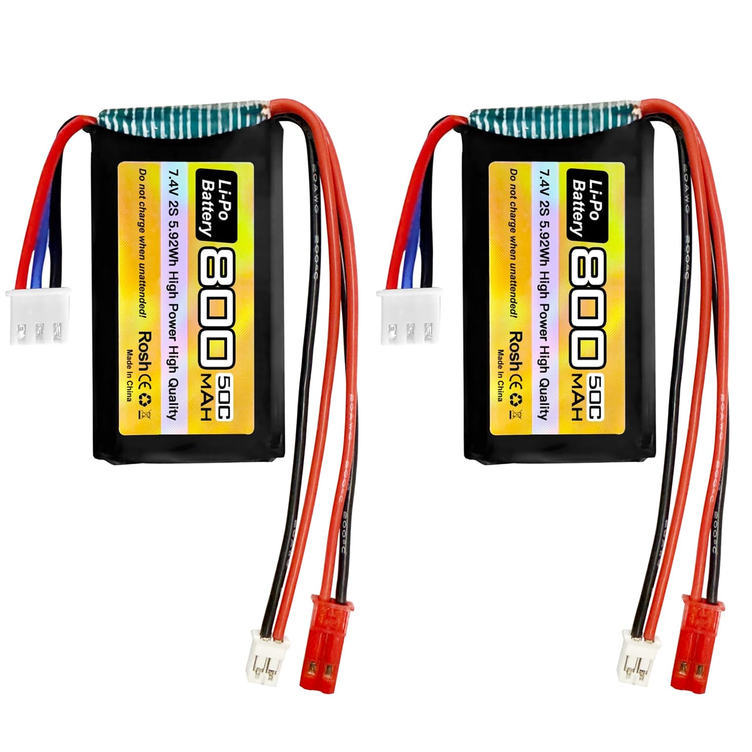 MOONZON 2PCS 7.4V LiPo 2S 50C JST and PH2.0 Plug 800mAh Battery for SCX24 RC Car Compatible with Most 1/10, 1/16, 1/18, 1/24 Scale RC car, Truck and