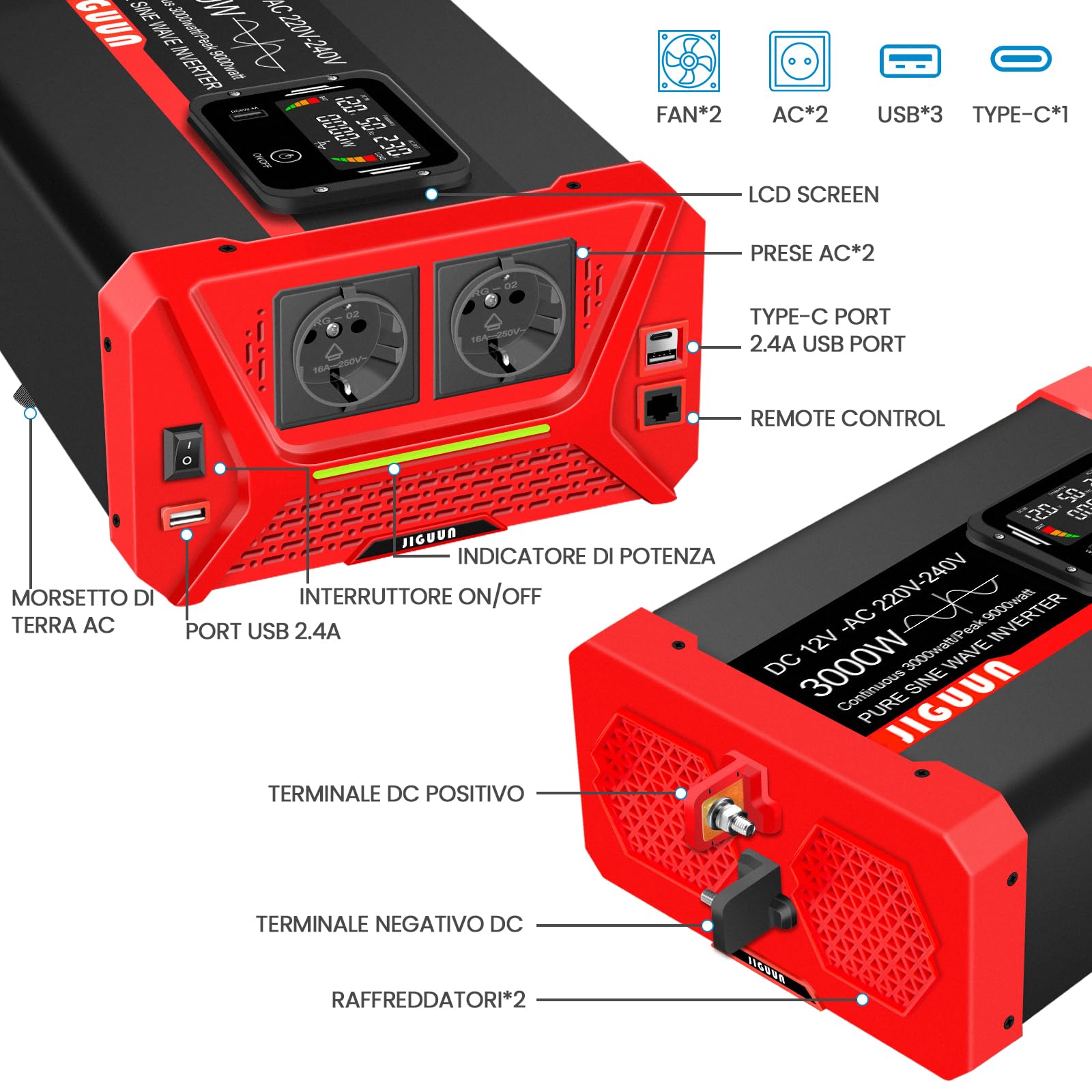JIGUUN 3000W 9000W Falownik 12V na 230V Przetwornica napięcia sinusoidalnego z wyświetlaczem LCD,zdejmowanym pilotem zdalnego sterowania, 2 gniazdami UE, 3 portami USB+1 portem typu C