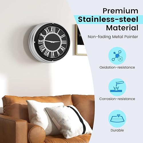 Miniatura 10 de Goplus Reloj de pared silencioso, reloj moderno sin tictac con números romanos y marco de aluminio plateado, fácil de leer, relojes de pared grandes