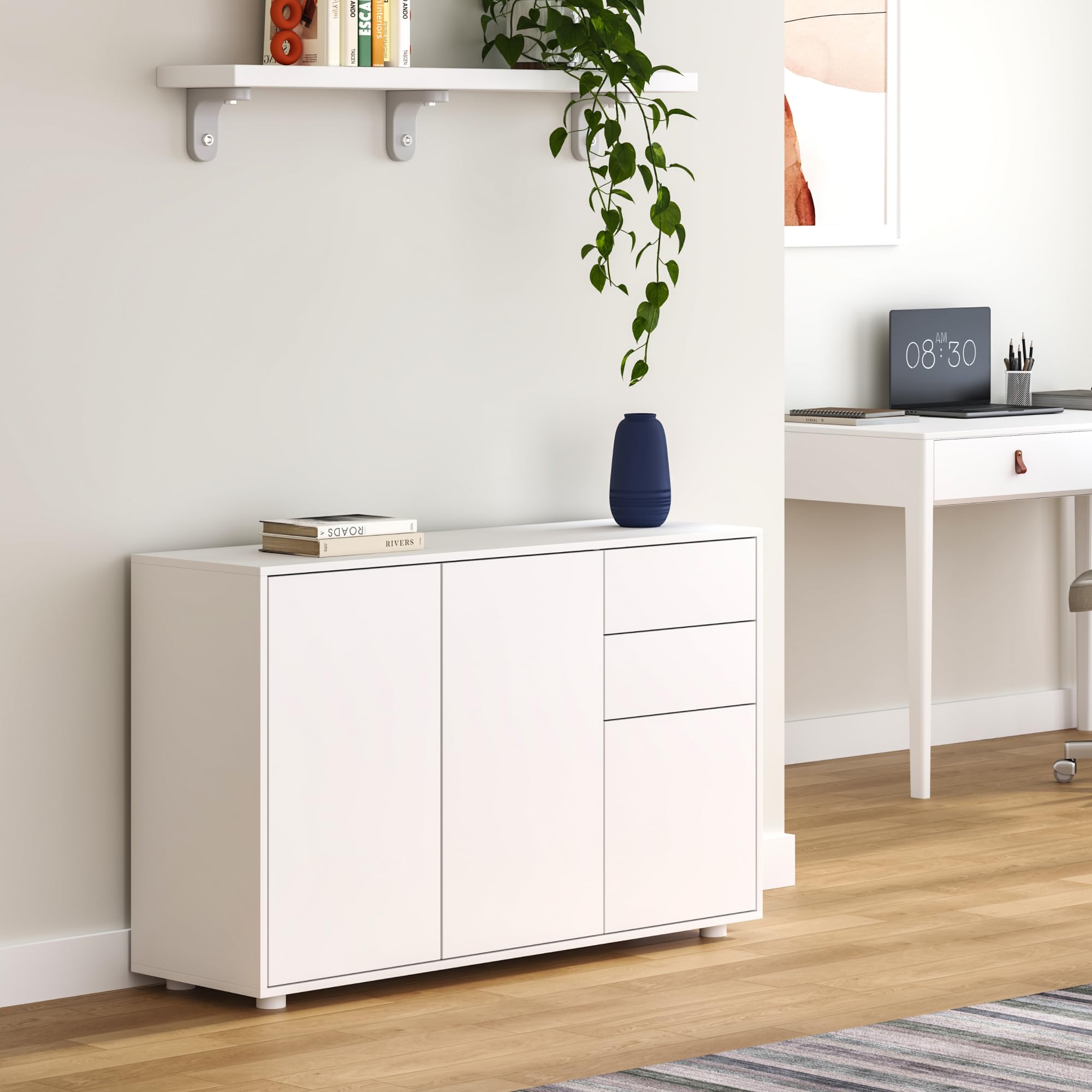 [en.casa] Credenza con 2 Cassetti e 3 Ante Comò Cassettiera Multiuso con Scomparti Vani Chiusi per Soggiorno Camera da Letto Ufficio 74x117x36 cm - Bianco Opaco