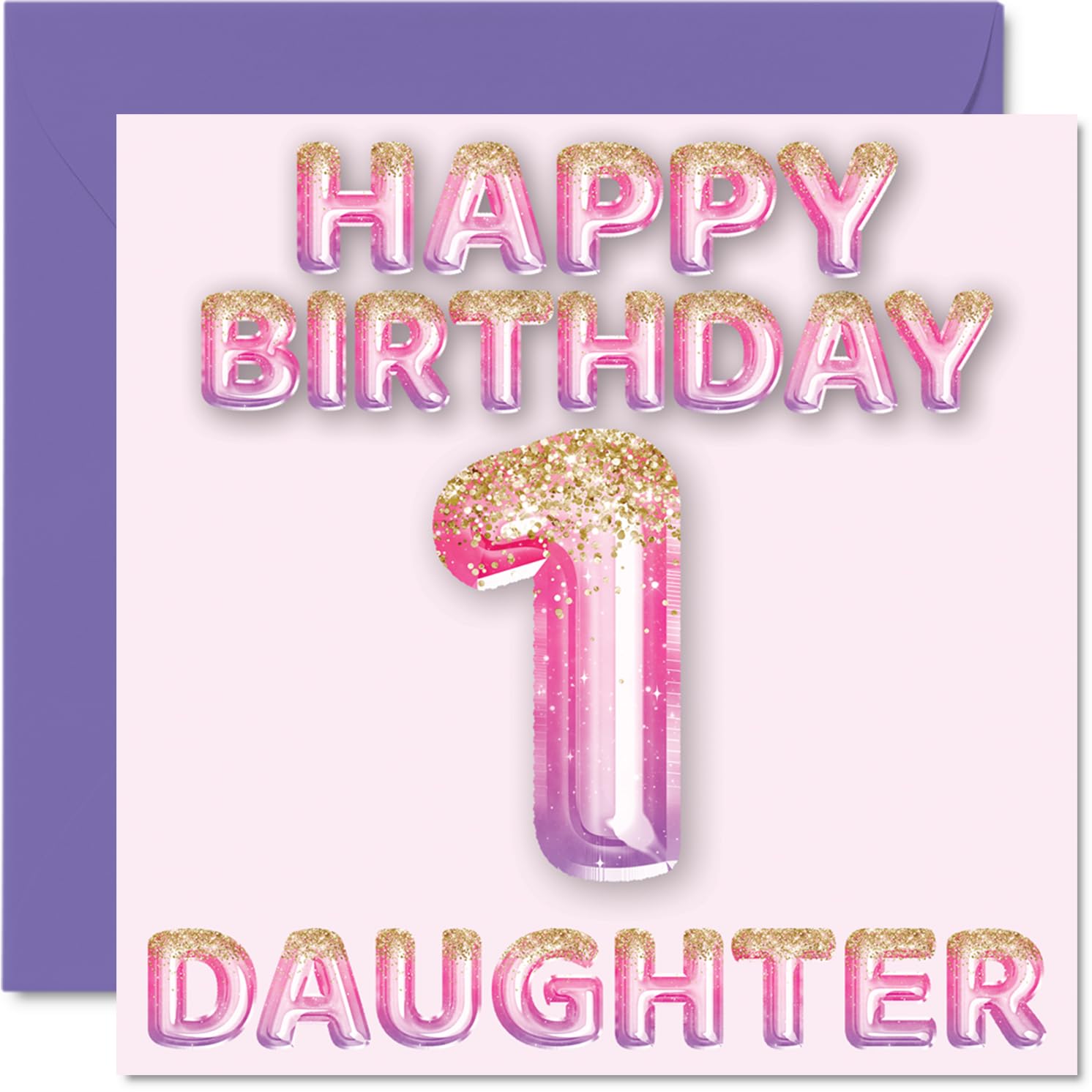 1st Birthday Card for Daughter, Pink & Purple Glitter Balloons