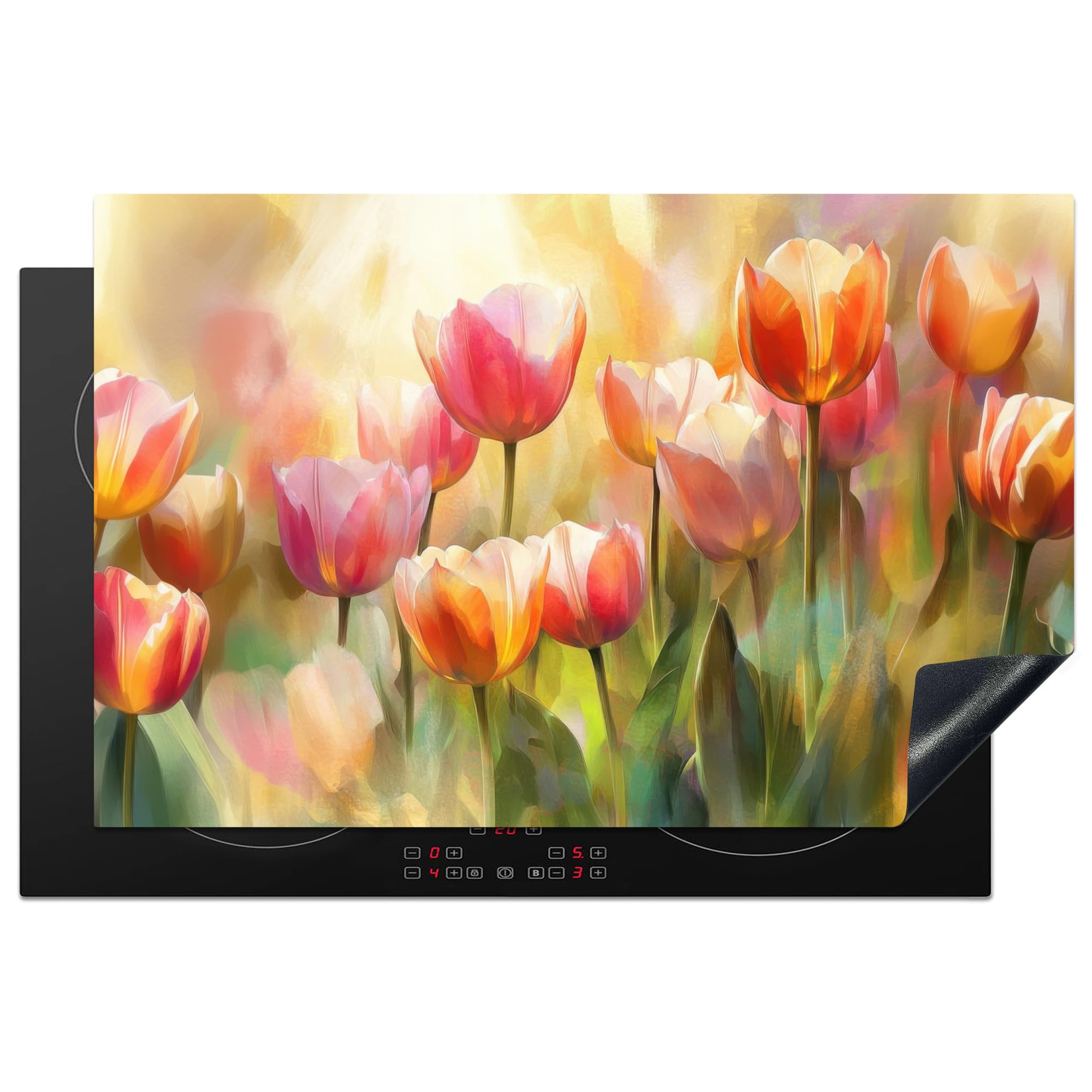 KitchenYeah© Induction Hob Cover Protector Mat 20.5"x31.5" / 80.2x52.2 cm Kitchen Universal Ceramic Covers for Electric Cookers Vinyl Tulips - Fairytale - Colourful