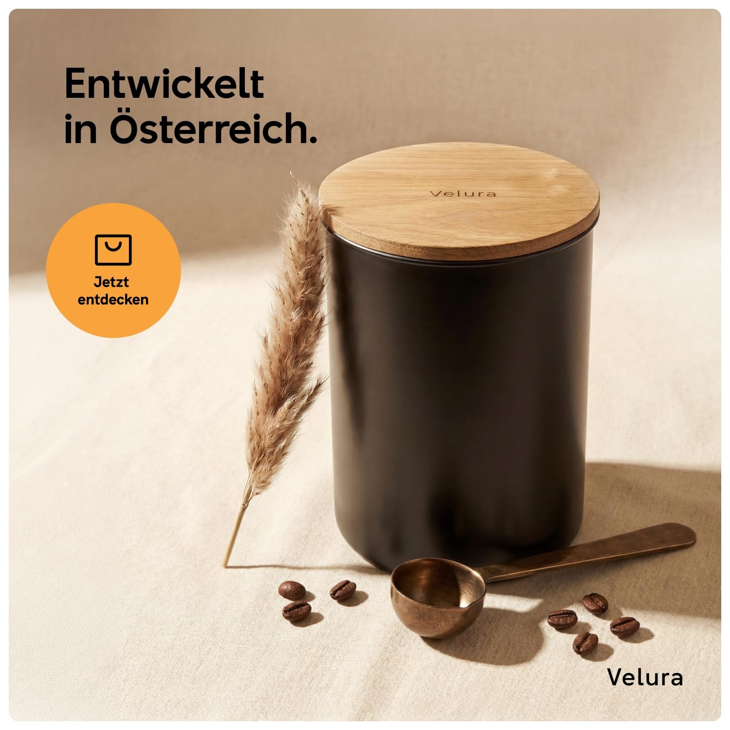 Velura Kaffeedose luftdicht 1kg – Edelstahl mit Holzdeckel, matt schwarz | 3000ml für Kaffeebohnen | Plastikfrei | LFGB-zertifiziert | Entwickelt in Österreich | Maße: 15cm Ø × 20,8cm H