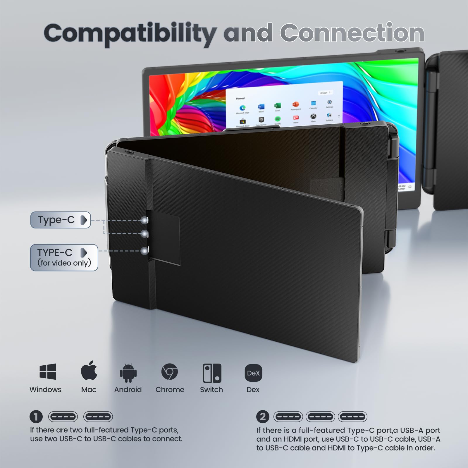 Teamgee Monitor Portatile per Laptop, Portable Monitor Schermo Doppio FHD 1080P IPS da 14" con Doppi Altoparlanti, Display HDMI/USB-A/Type-C Plug and Play da 13" a 17" (Mac, Wins, Android, Dex)