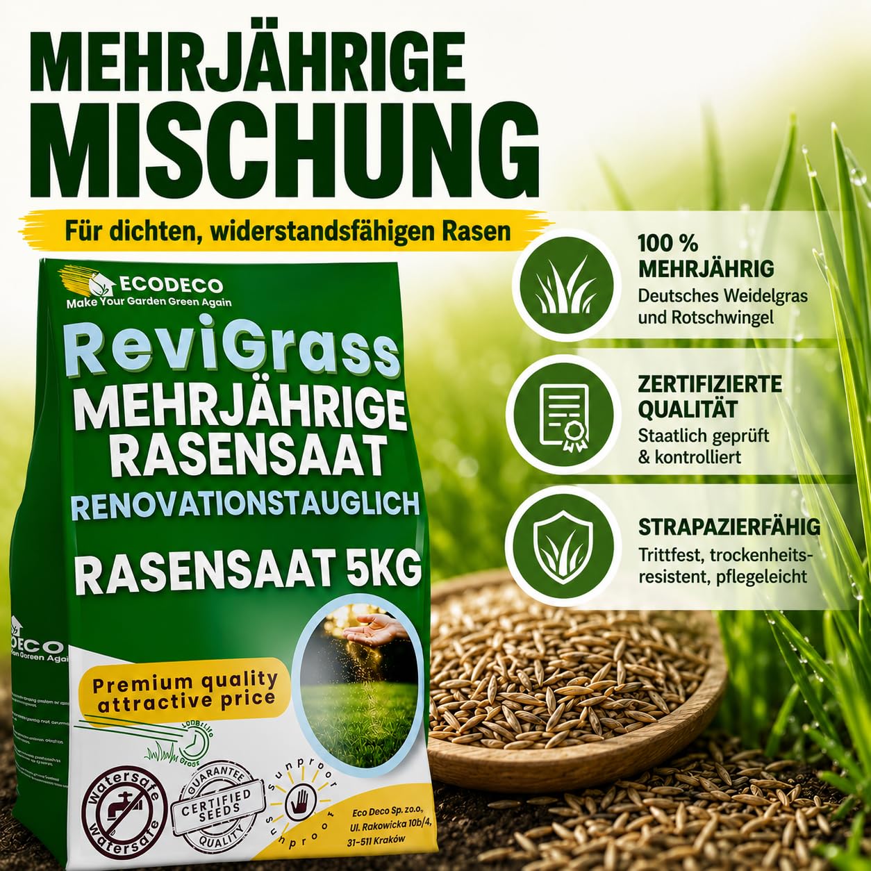 Semi Prato a Crescita Rapida 5kg per 200m² | Sementi Erba per Rigenerazione e Semina – Mix 100% Loietto Perenne e Festuca Resistente per Tappeto Erboso Folto e Durevole