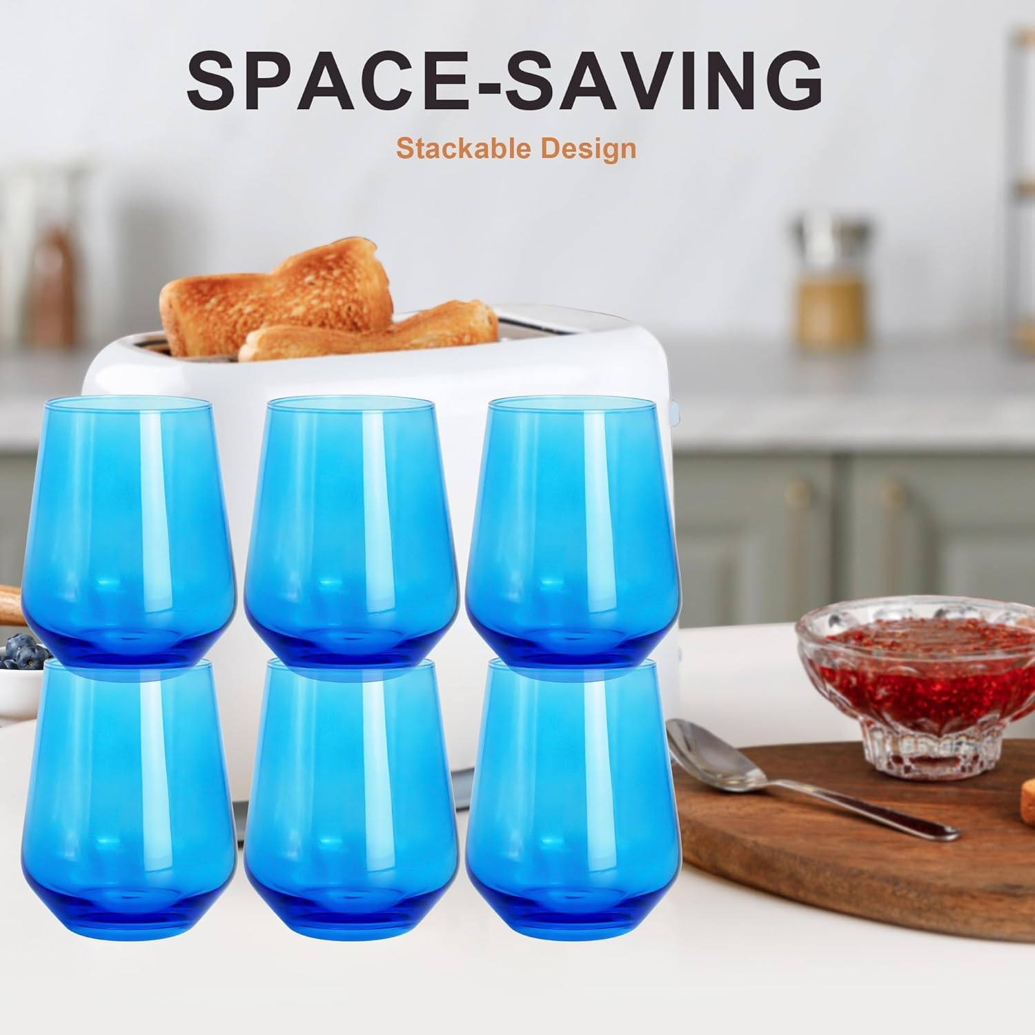 Blue Stemless Wine Glasses Set of 6, 15oz Drinking Glassware Dishwasher Safe, Wine Glass Tumblers for Red or White, Gift for Party, Holiday, Anniversary, Restaurant, Home Bar, Daily Use - Image 5