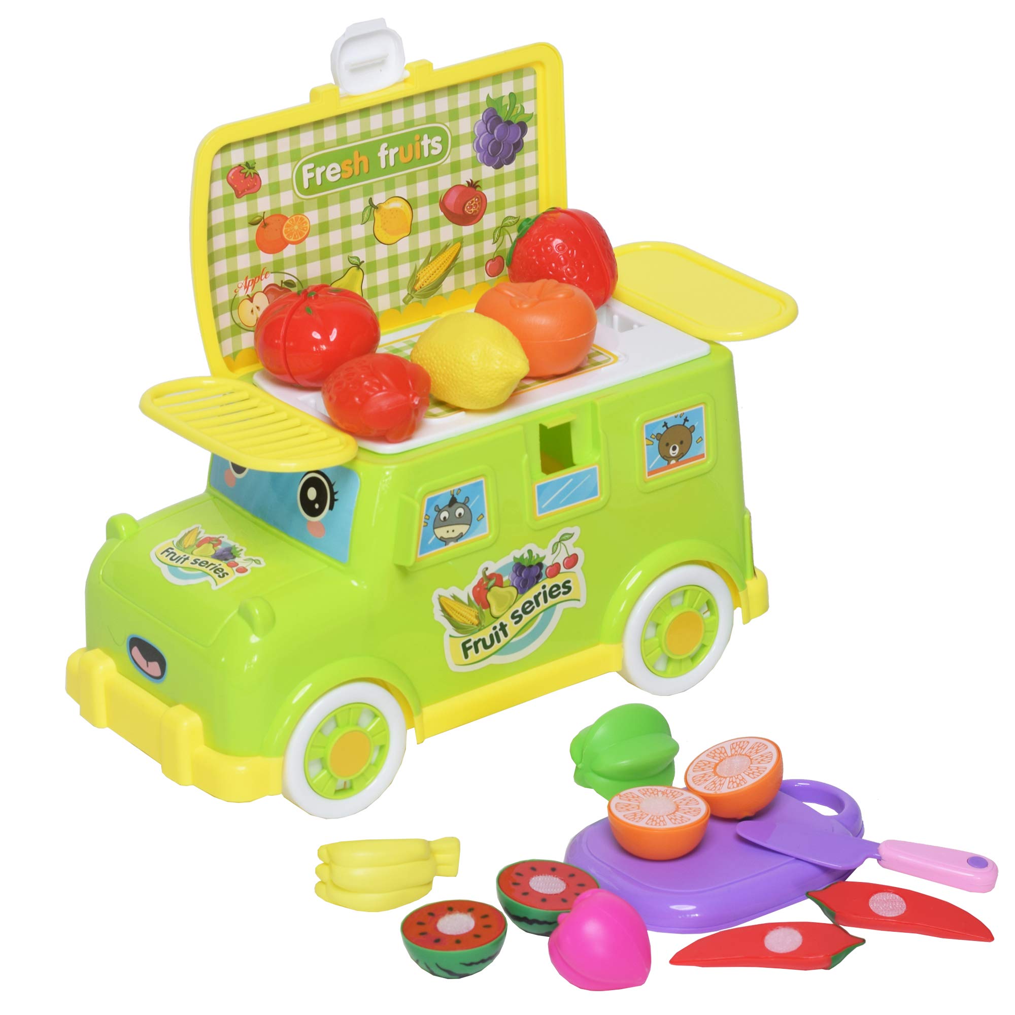 WISHKEY Pretend Play Learning Educational Fruit Truck On Wheels with Fruits,Knife & Chopper, Portable Food Bus for Kids 3 Years & Above (Pack of 14, Multicolor) (B08LDK7V6G) Amazon Price History, Amazon Price Tracker