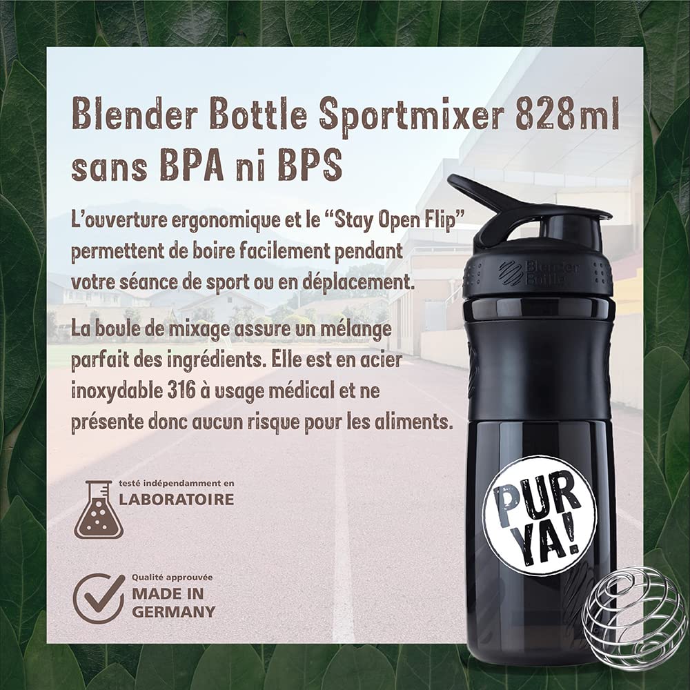PURYA! SHAKER, Bouteille de fitness pour shakes protéinés et boissons sportives, mélange optimal grâce à la Blender-Ball, sans BPA et incassable, Black, 828 mL
