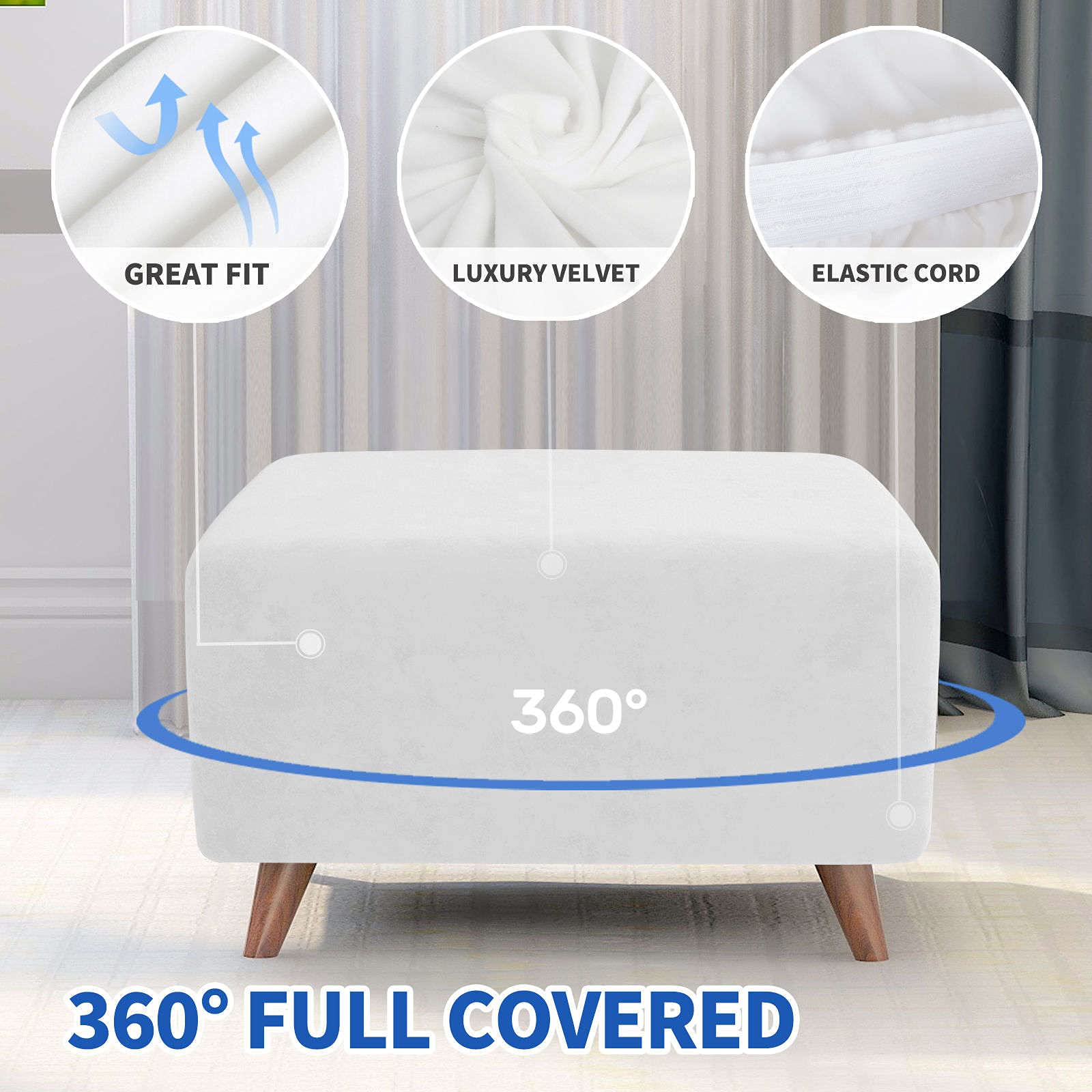 JHLD Housse Velours Extensible Pour Ottoman / Repose-Pied Pliable – Bleu – Protection Doux Et Élégante