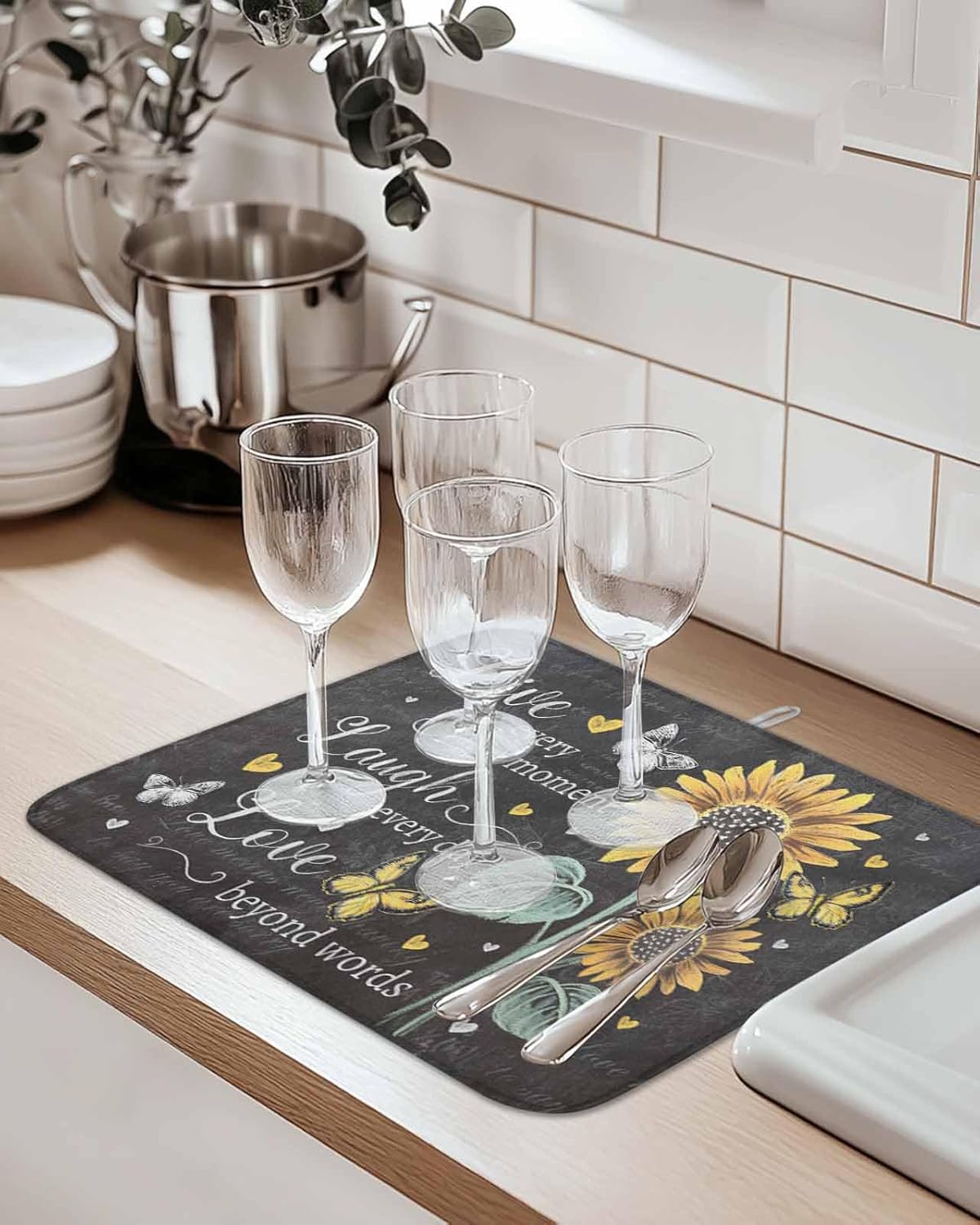 Dish Drying Mat for Kitchen, Farmhouse Sunflower Butterfly Vintage Blackboard Grain Absorbent Dish Drying Pad, Kitchen Counter Mat for Dishes Utensils Camping, 18"x24"(2 Pcs)