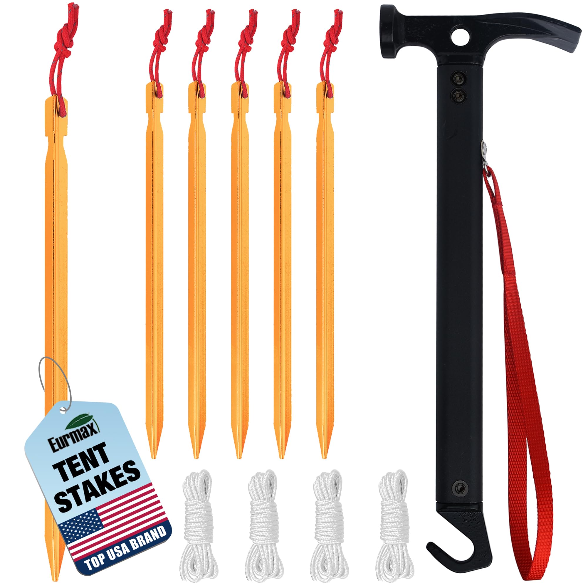 Eurmax USA Hiking Camping Tent Stakes and Hammer Set Lightweight Multi-Function Tent Hammer with Tent Stake Remover,Tent Pegs for Camping, Hiking, Backpacking, Gardening(Gold Stakes)