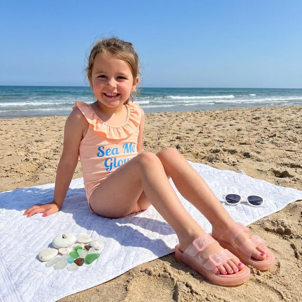 CUSHIONAIRE Pool-K Jelly Sandals for Girls, Waterproof Slip-On Slides with Double Adjustable Buckles, Comfortable Everyday Wear Kids Sandals