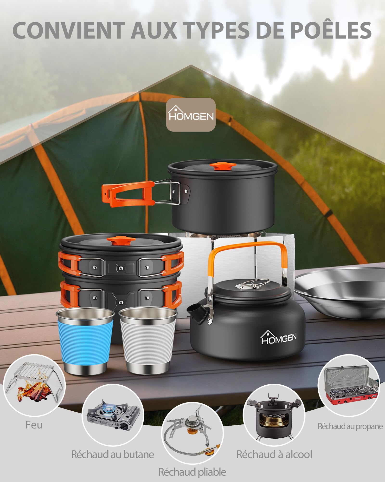 HOMGEN Set de Cuisine de Camping avec Pare-Brise Ensemble de Casseroles et Poêles de Camping en Aluminium pour 2-3 Personnes - Batterie de Cuisine Portable Légère pour l’extérieur, la Randonnée