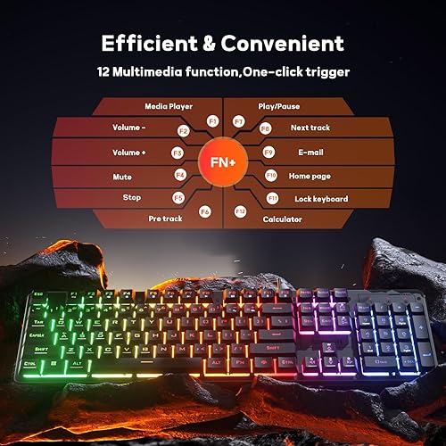 Miniatura 4 de Redragon K521 - Teclado para juegos LED arcoíris actualizado, 104 teclas con cable de sensación mecánica con teclas multimedia, retroiluminación de