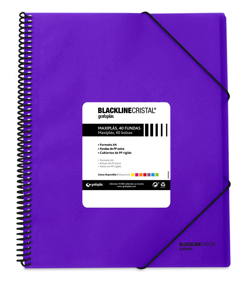 Grafoplás 39834235 Folder Polypropylene with 40 Pockets A4 Purple Spiral Bound Rubber Closure Maxiplás Blackline Glass