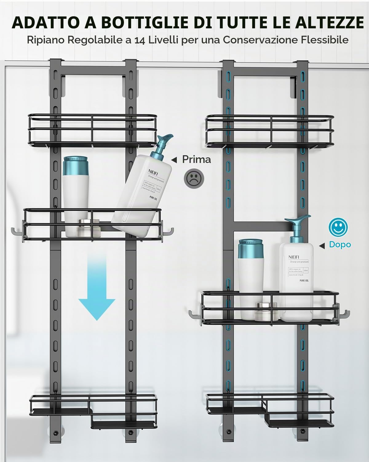 Nieifi Scaffale portaoggetti da appendere sopra la porta della doccia, con ganci affidabili, robusto e antiruggine, da appendere, per doccia, mensole da bagno, senza trapano, extra large