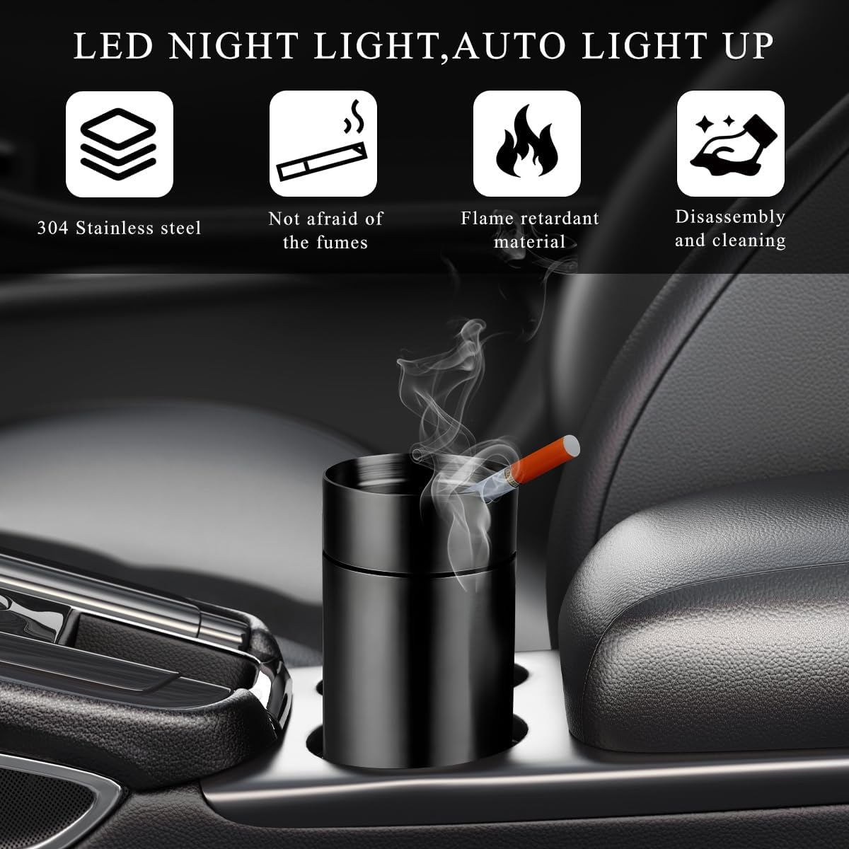 Car Ashtray with Lid, Smokeless Stainless Steel Auto Ash Tray Self-Extinguishing Butt Bucket, Portable Windproof Cup Holder Cigarette Ashtray for Outdoor Travel Home Office (Black)
